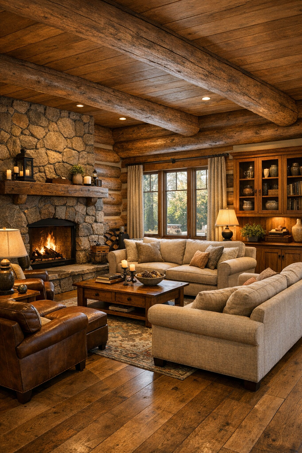 Warm log home living room with stone fireplace and Amish-style woodwork