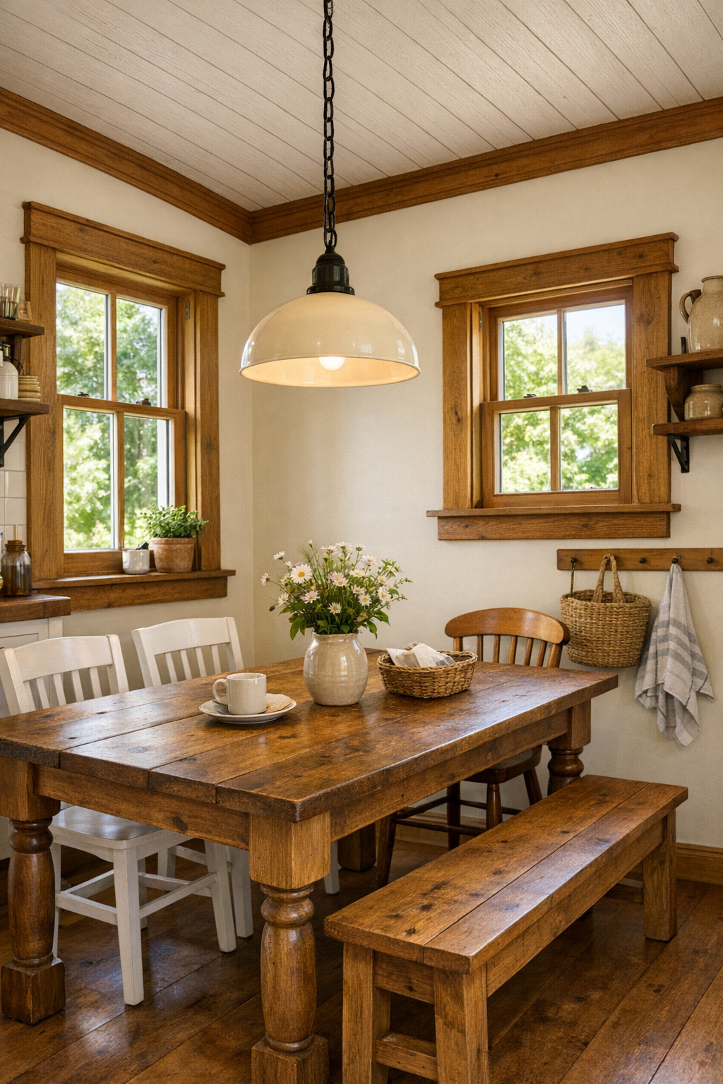 Small farmhouse dining area with a wood table, simple chairs, soft pendant light, and handcrafted trim