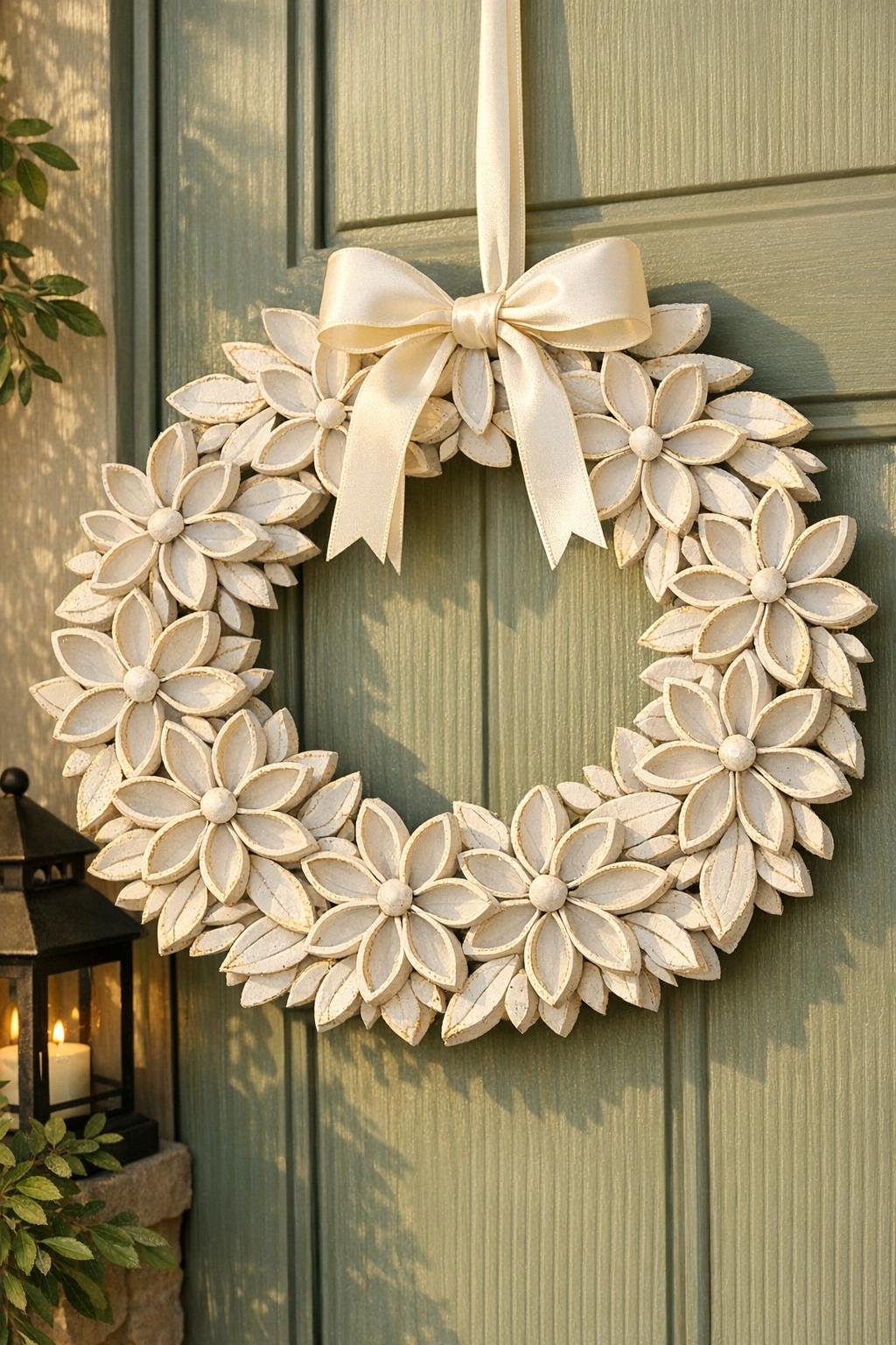 Finished decorative wreath made from sliced cardboard toilet paper rolls