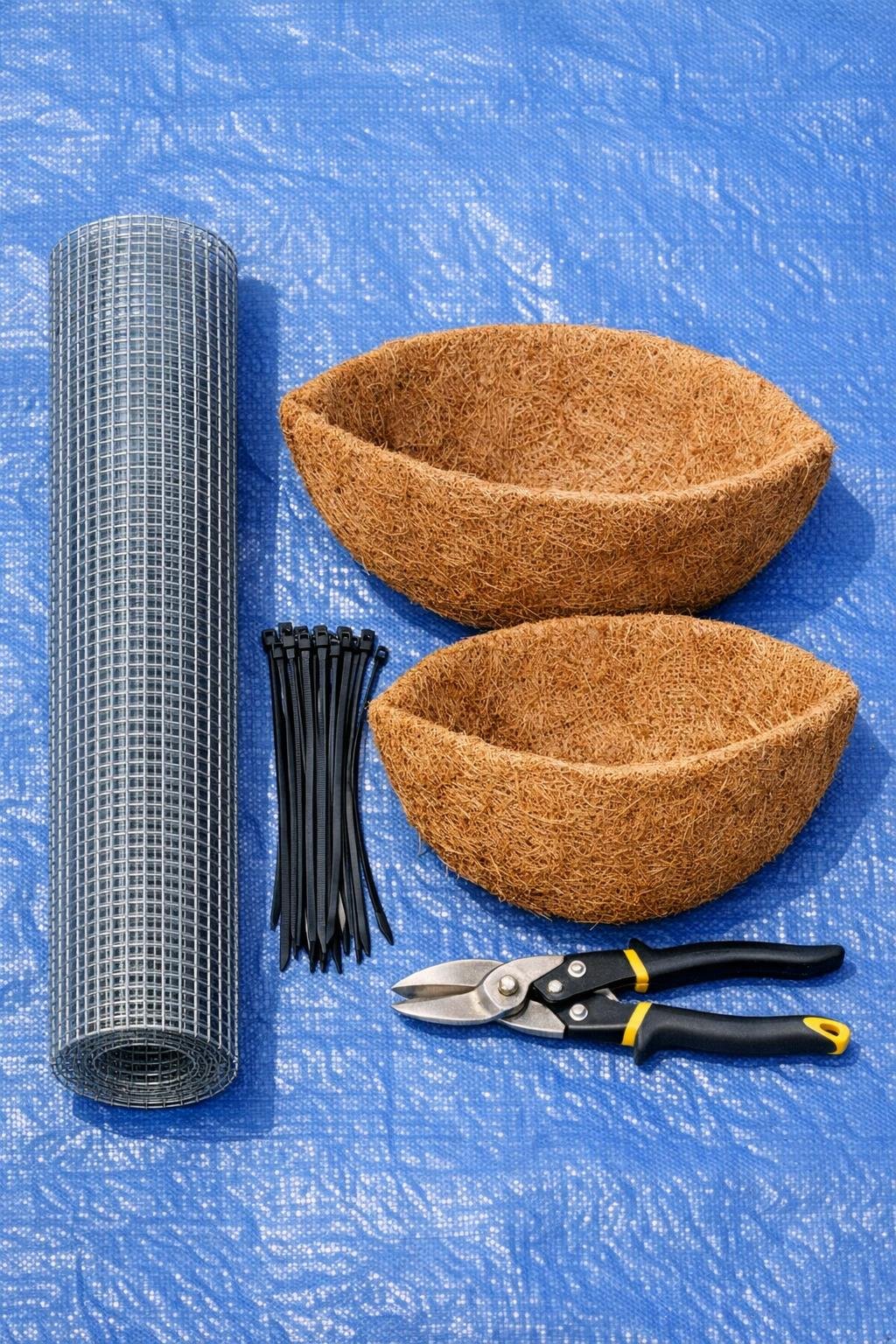 Materials for a DIY fall garden pest barrier laid out together