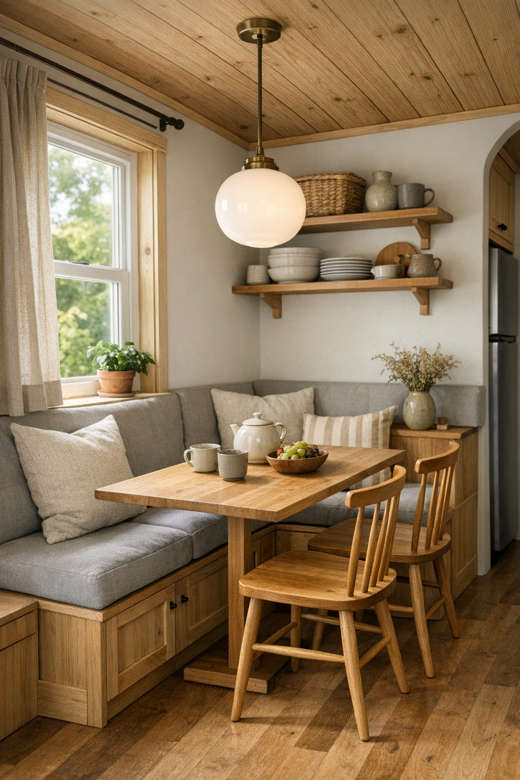 Tiny home dining nook with built-in banquette, wood table, and soft pendant lighting