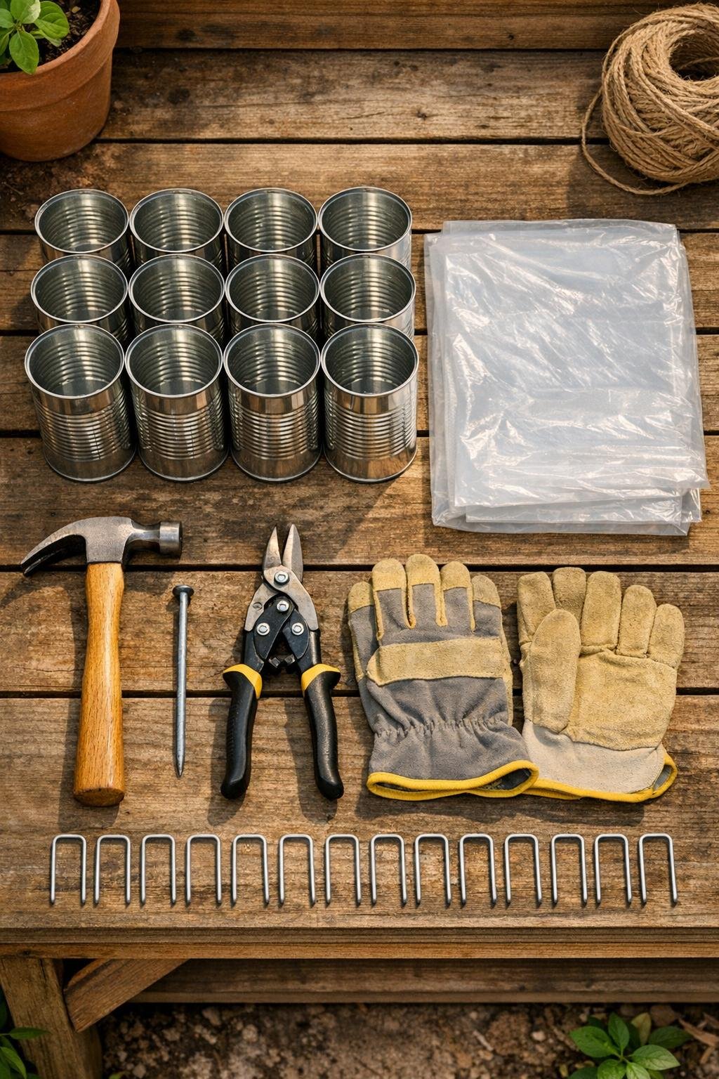 Materials for a soup can raised bed corner warmer laid out on a potting bench