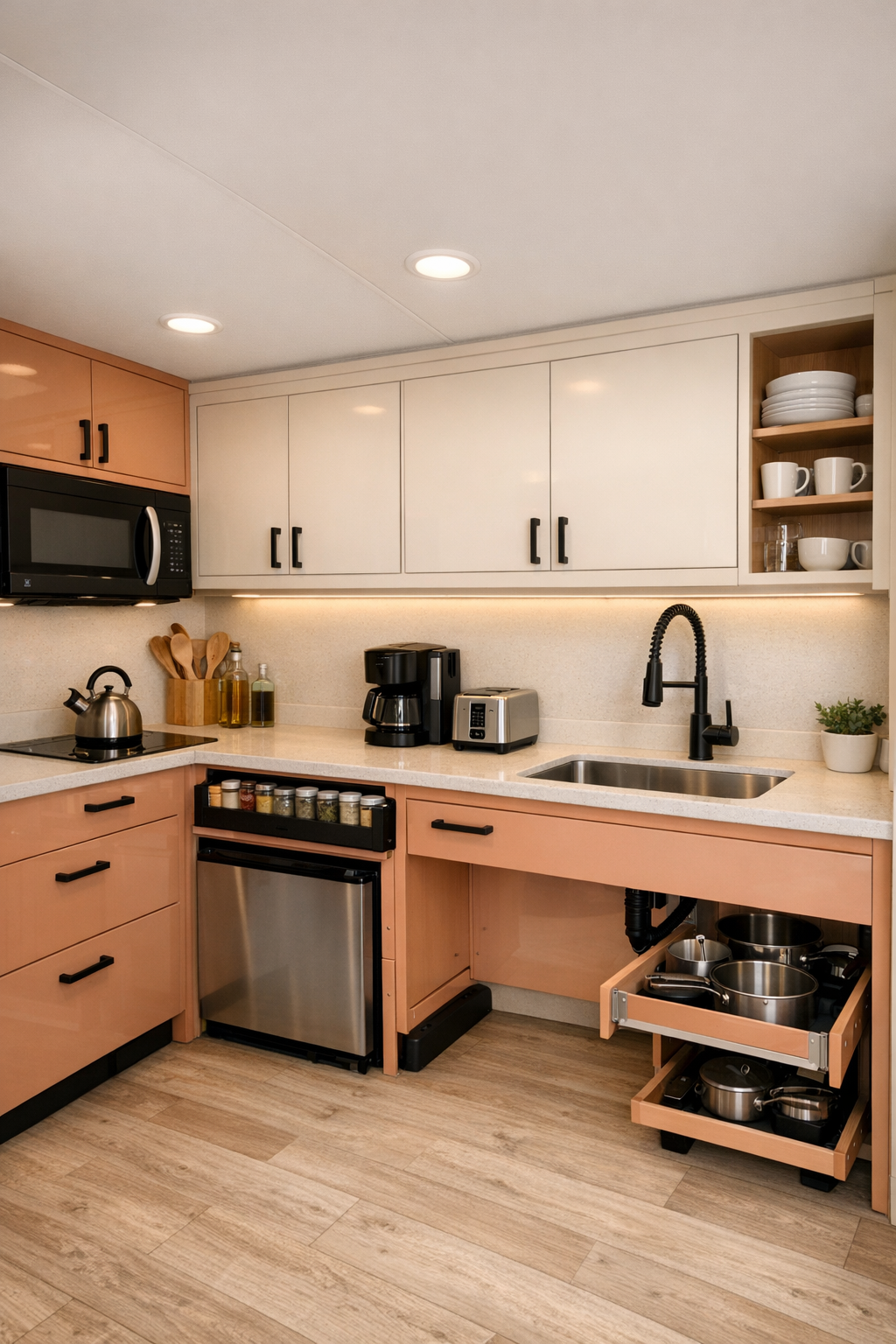 Modern accessible RV kitchen with peach cabinetry, pale counters, and under-cabinet lighting