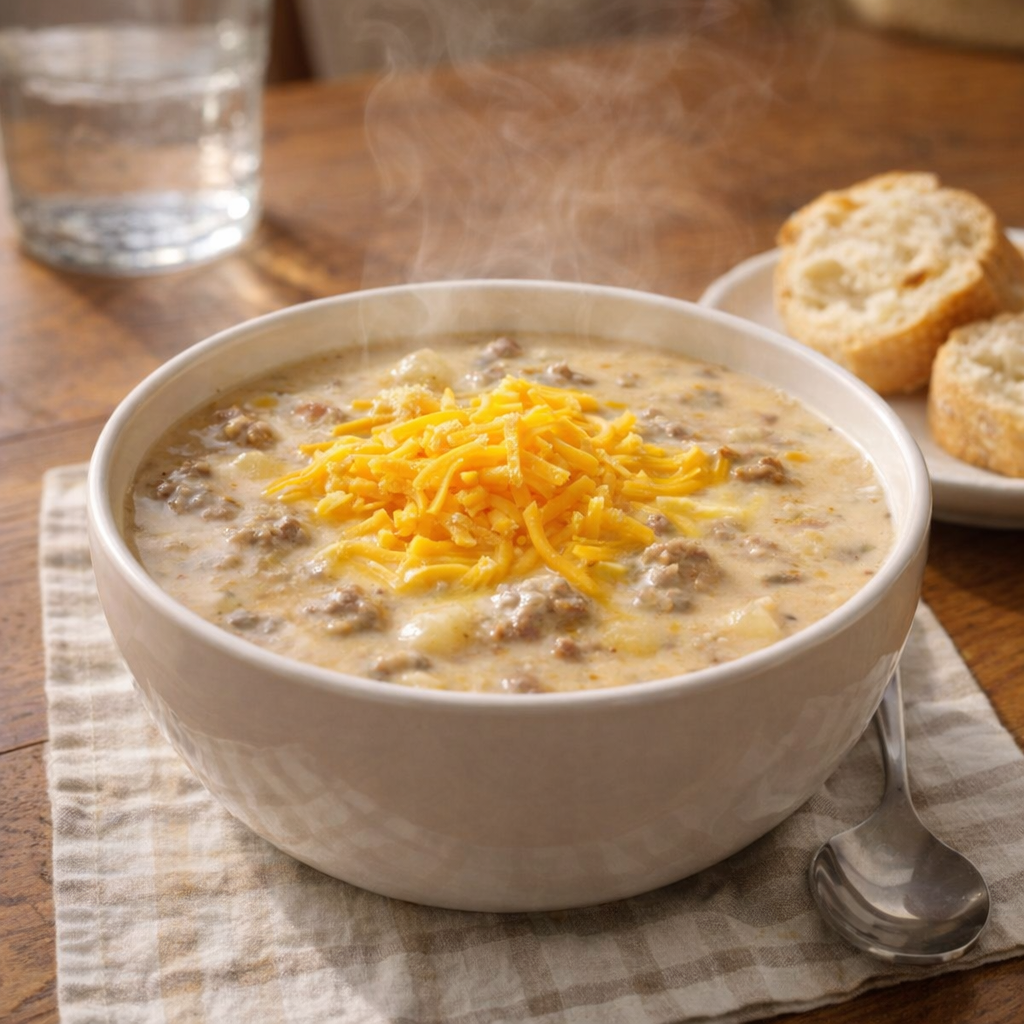 Bowl of cheeseburger soup with bread on the side