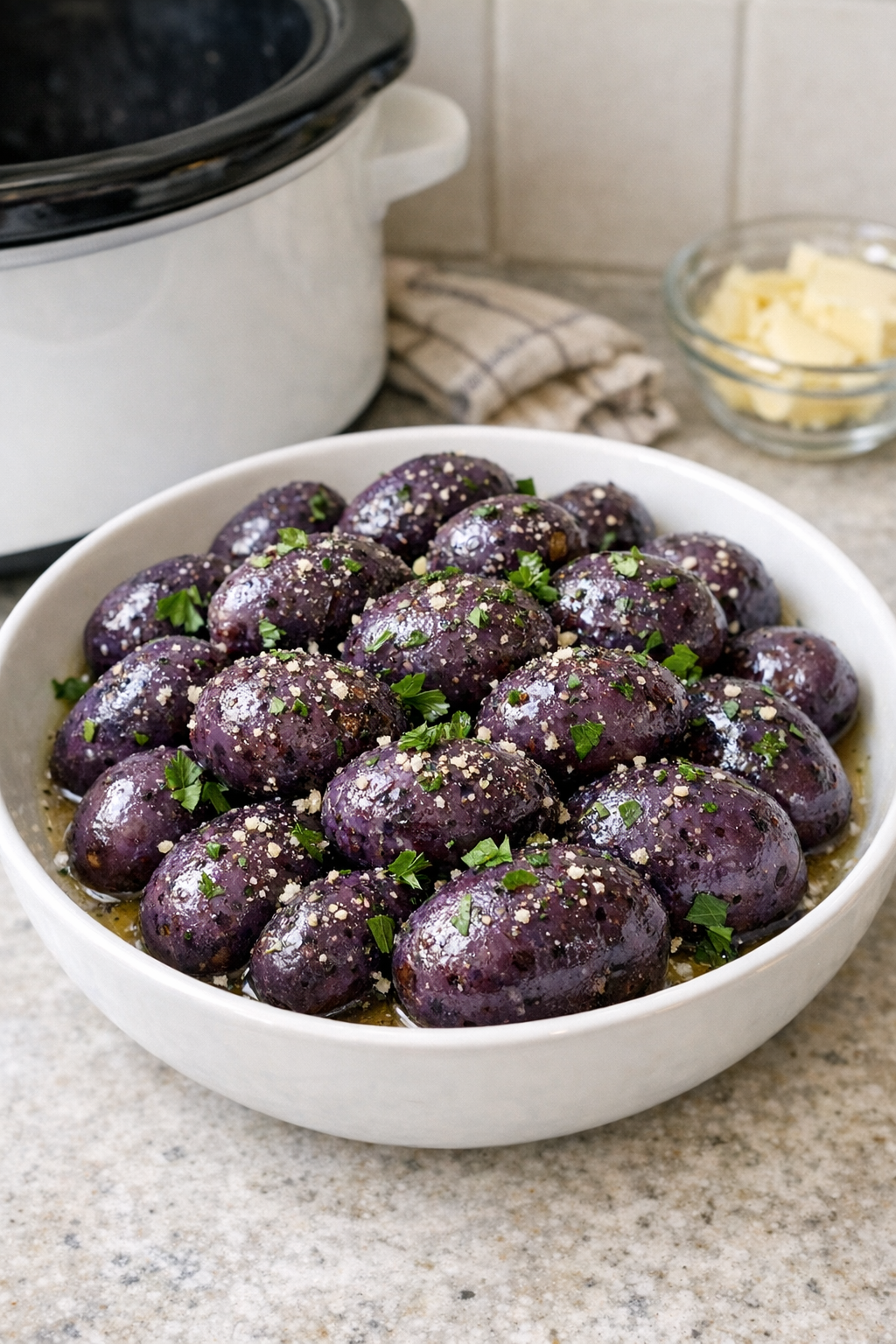Finished slow cooker purple potatoes in a serving bowl