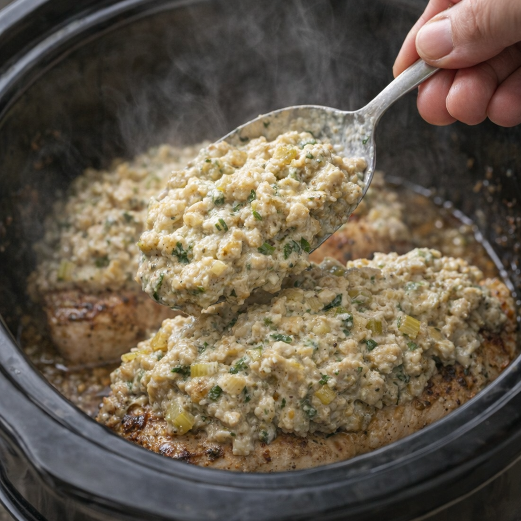 Stuffing mixture being spooned over pork chops