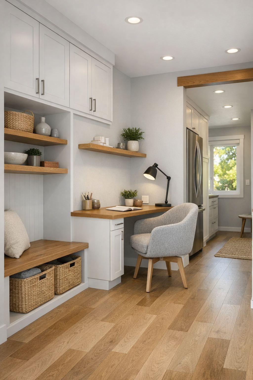 Flexible tiny home secondary space with built-in storage, a small desk, and open circulation