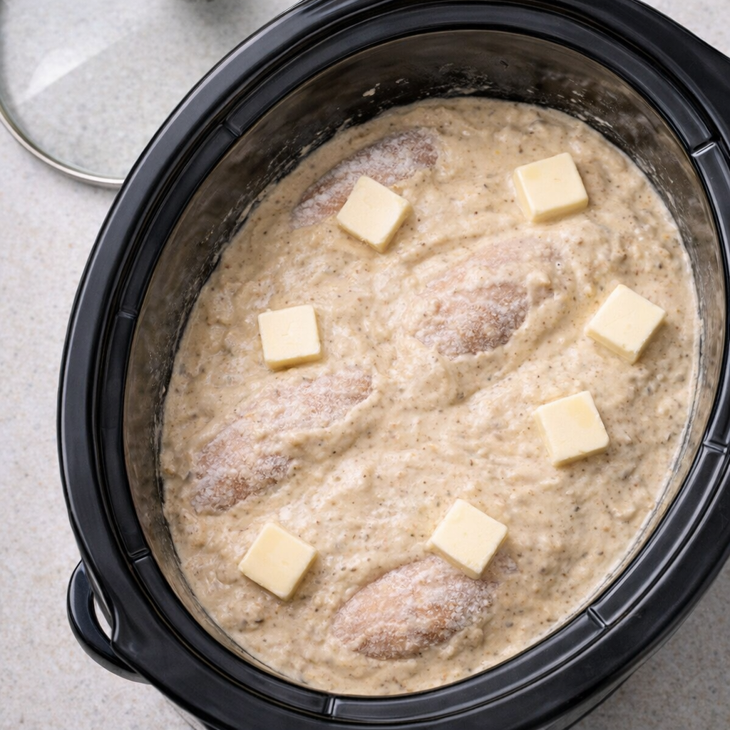 Slow cooker filled with creamy chicken before cooking