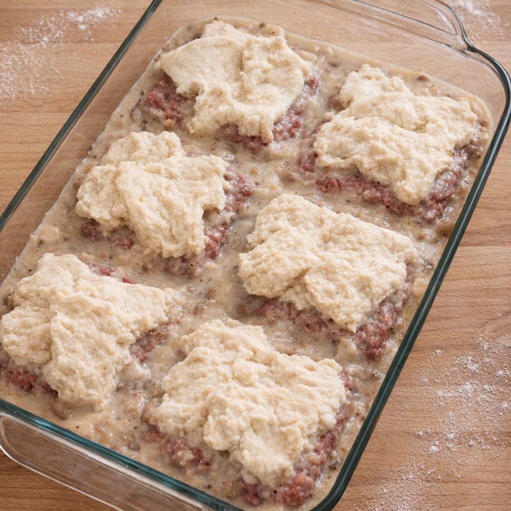 Torn biscuit dough scattered over casserole before baking