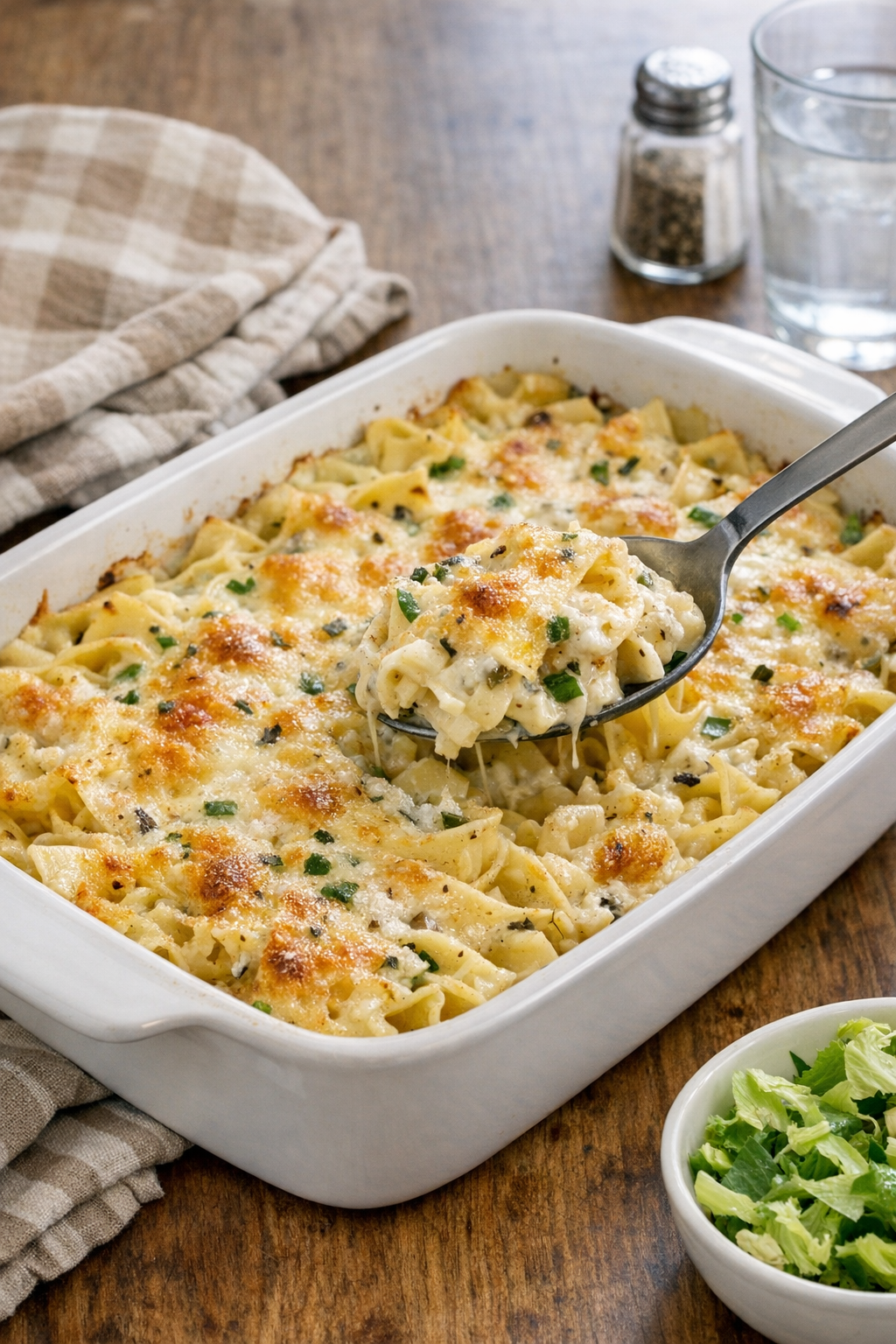 Finished baked sour cream onion noodle casserole in a rustic baking dish