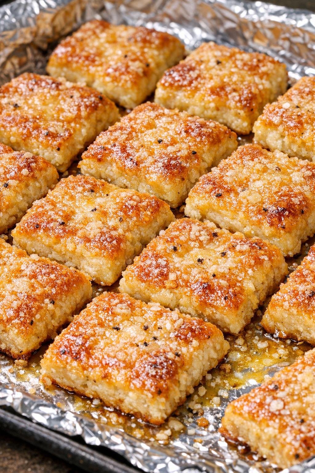 Southern 3-ingredient buttery parmesan squares on a foil-lined baking tray