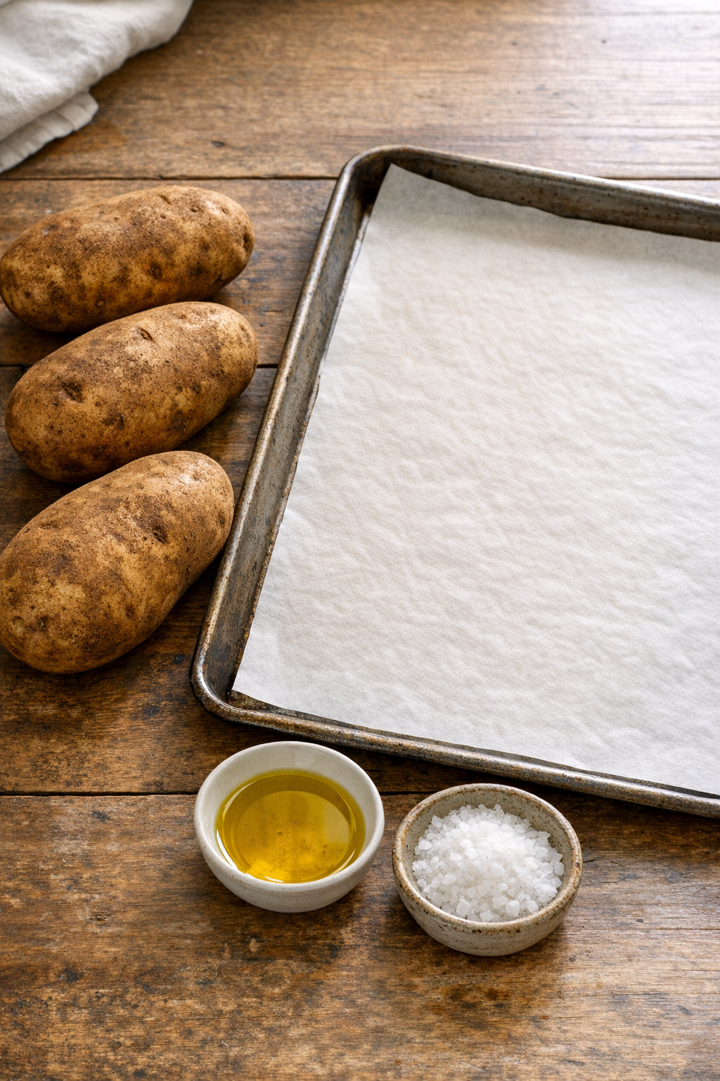 Clean potatoes on a lined baking sheet with oil and salt nearby