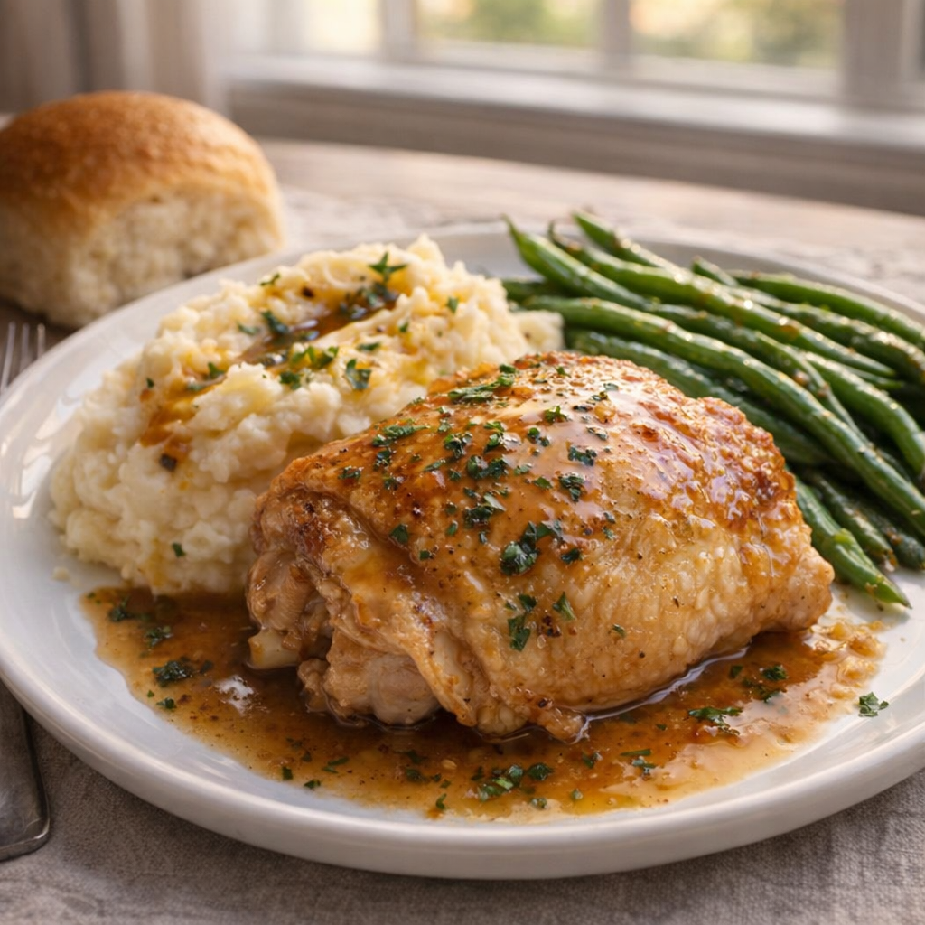 Plated baked chicken with mashed potatoes and green beans
