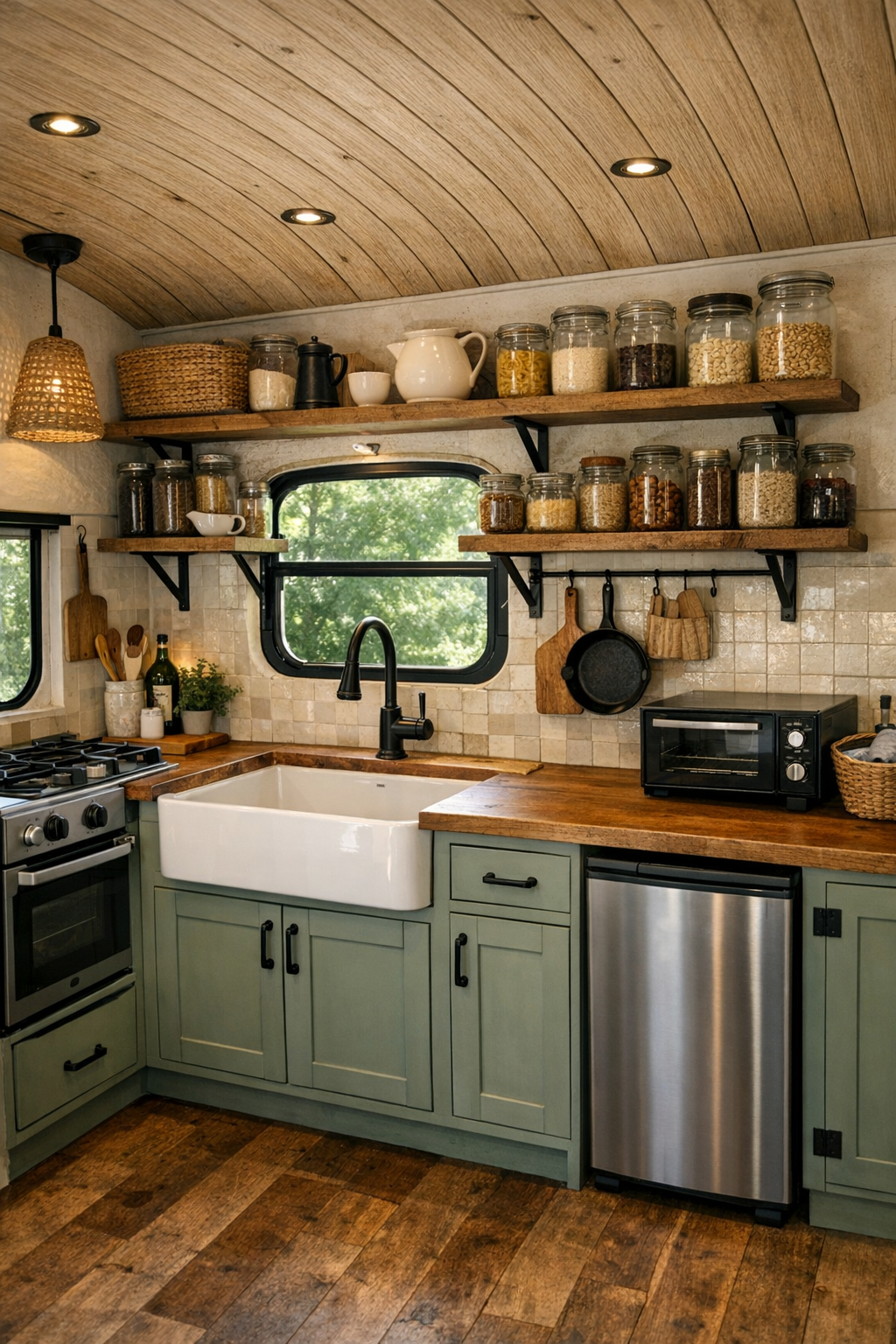 Rustic off-grid bus kitchen with sage cabinetry and butcher-block counters