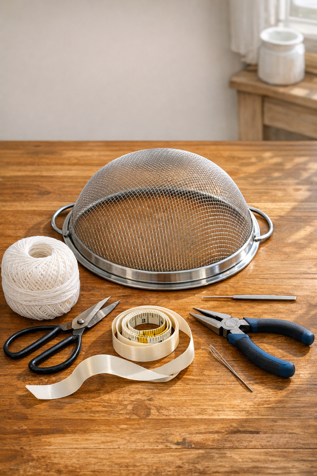 Materials for a crochet food cover dome laid out on a table