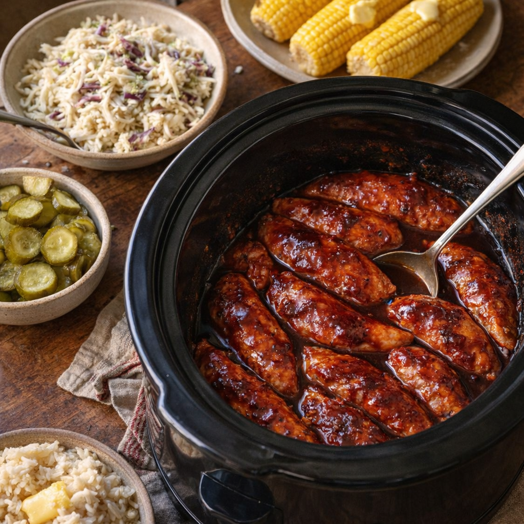 Slow cooker barbecue chicken served family-style on a rustic supper table