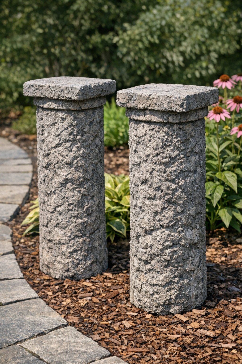 Finished textured cement yard columns in a garden setting
