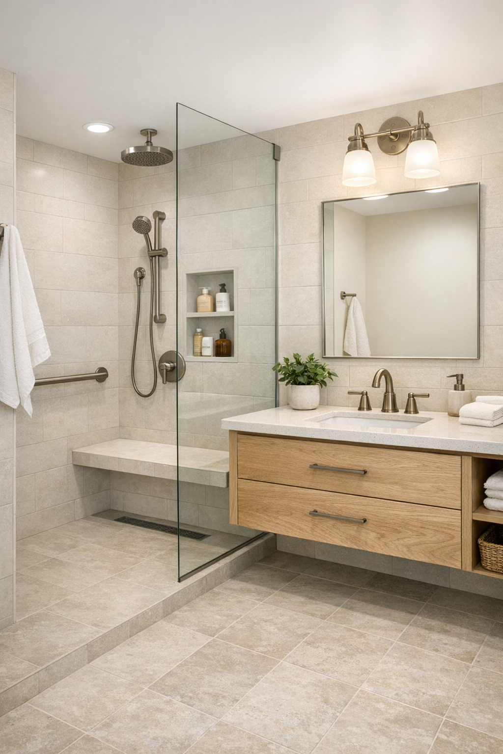 Accessible bathroom with curbless shower and white oak floating vanity