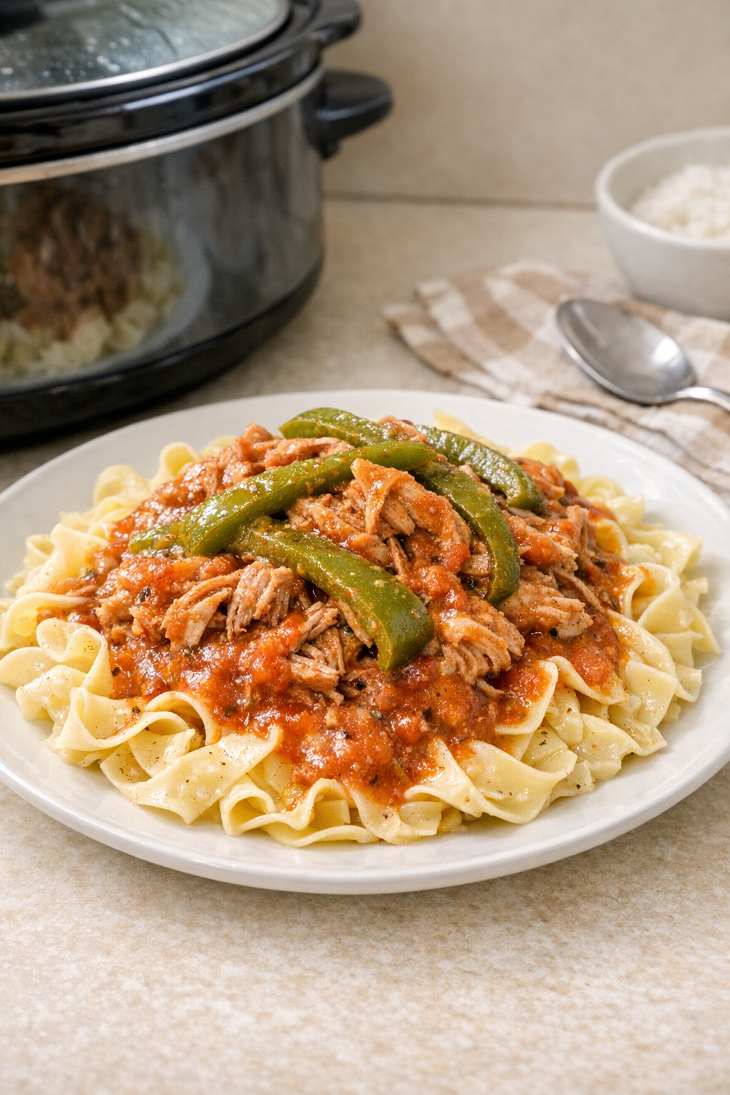 Finished Amish green pepper pork pasta plated in a cozy home kitchen setting