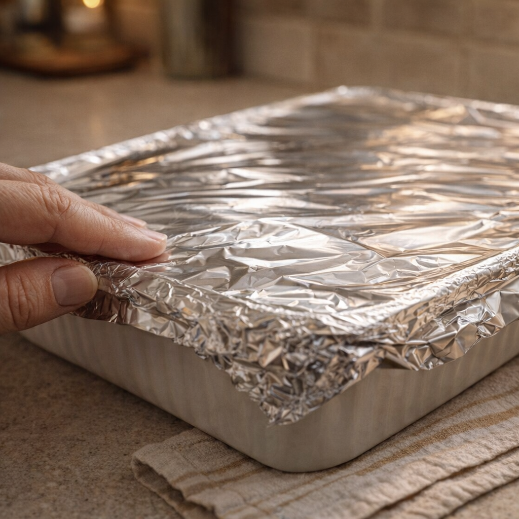 Unbaked chicken and rice casserole covered tightly with foil