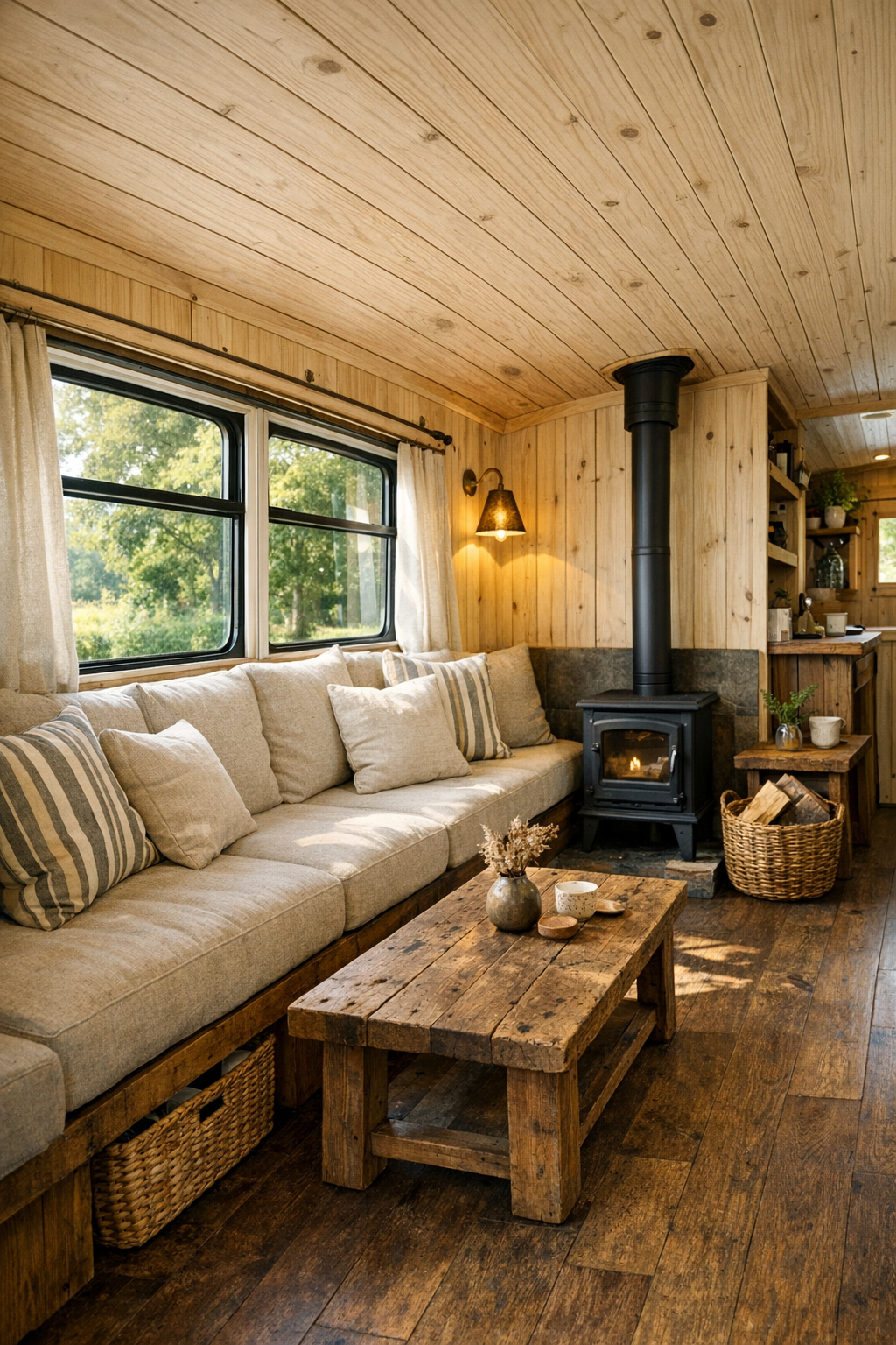 Cozy rustic bus living room with built-in bench seating and pine walls