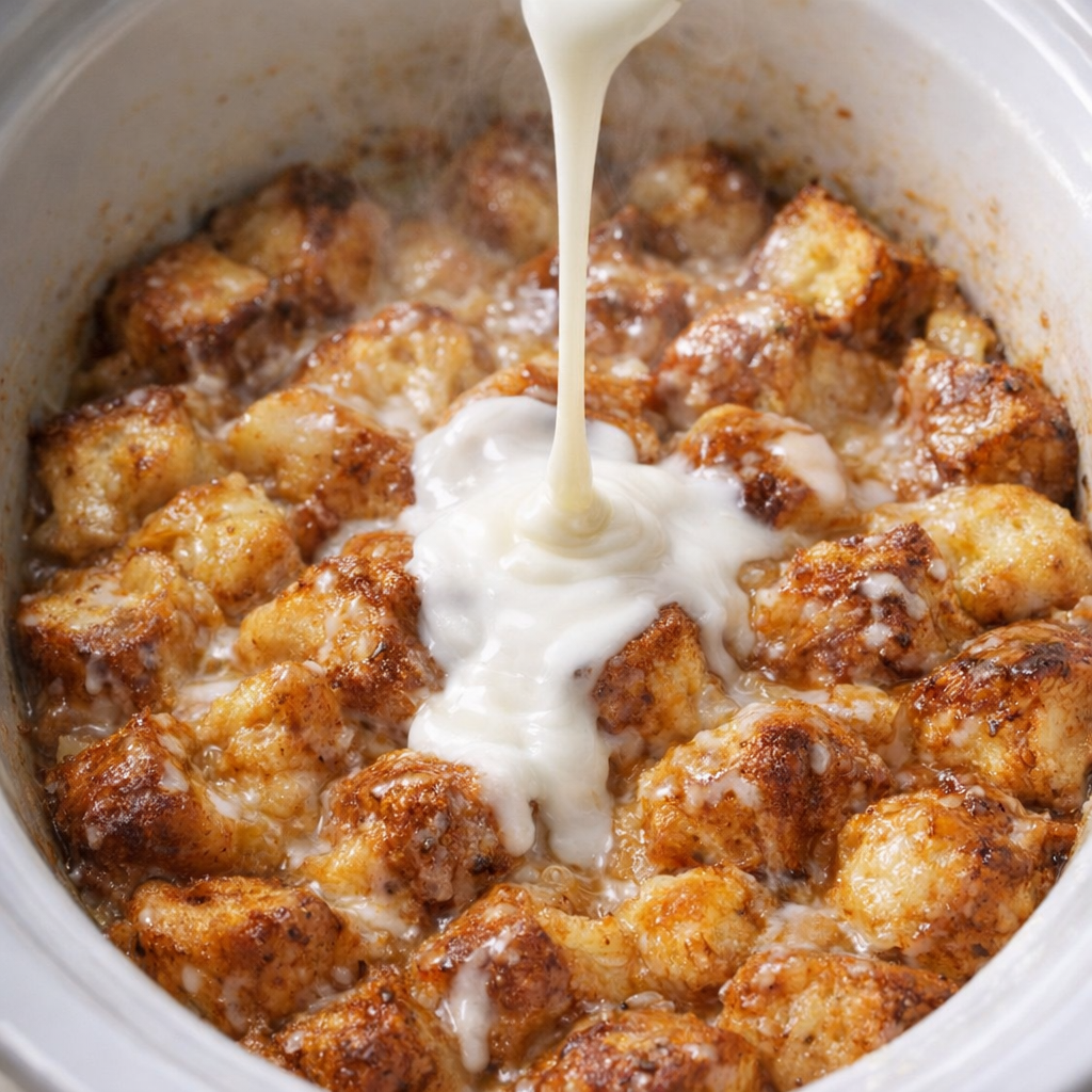 Icing drizzled over bread pudding