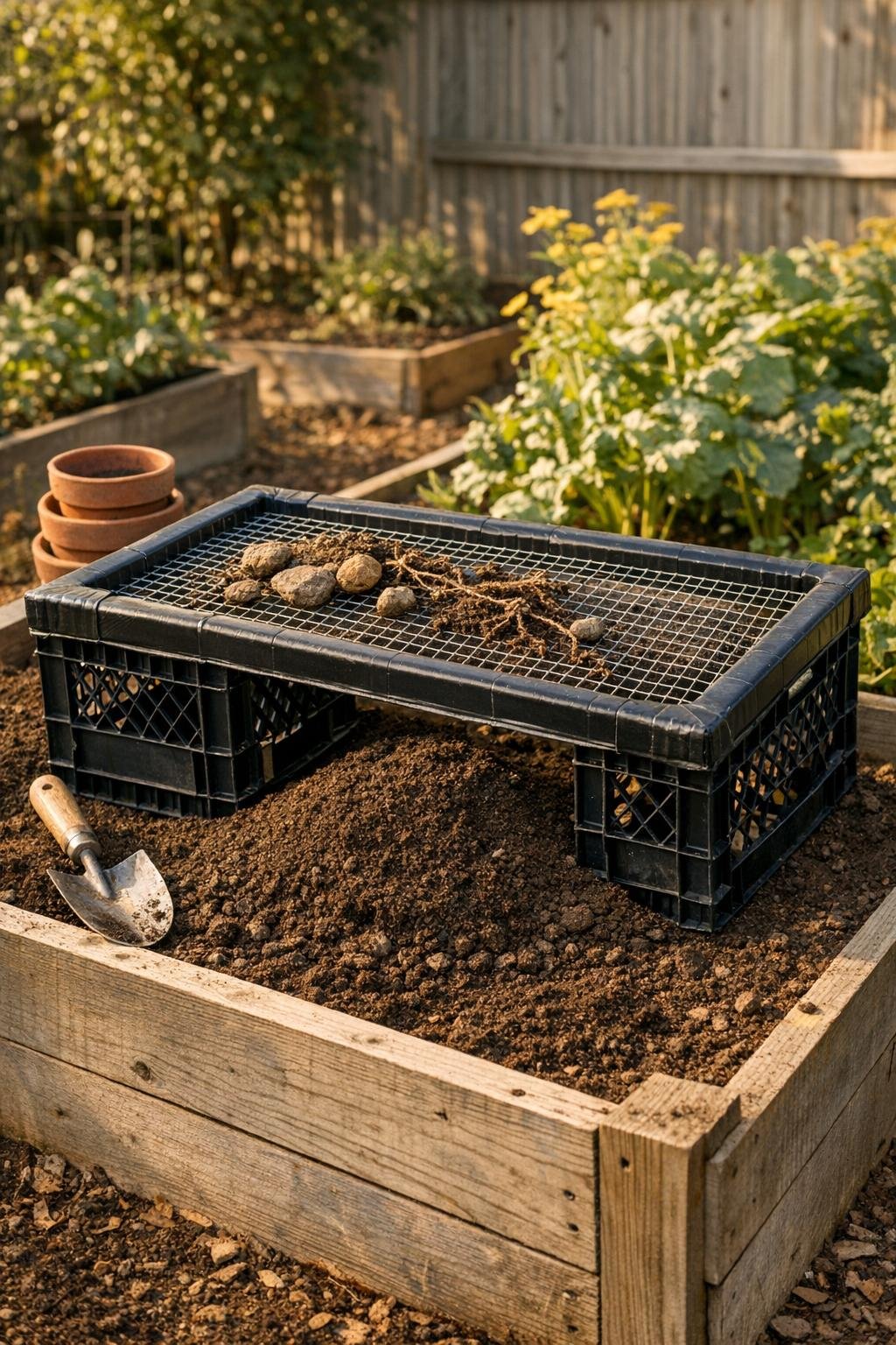 Completed raised bed soil sifter in use in a garden