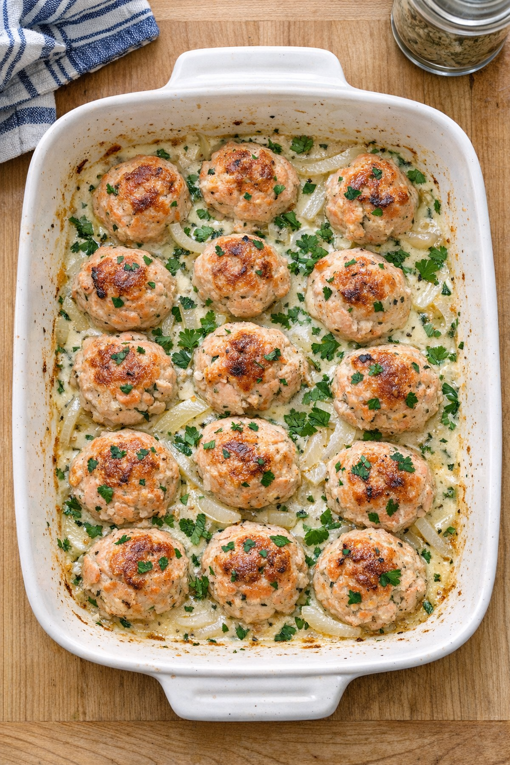 Finished baked salmon meatballs in casserole dish