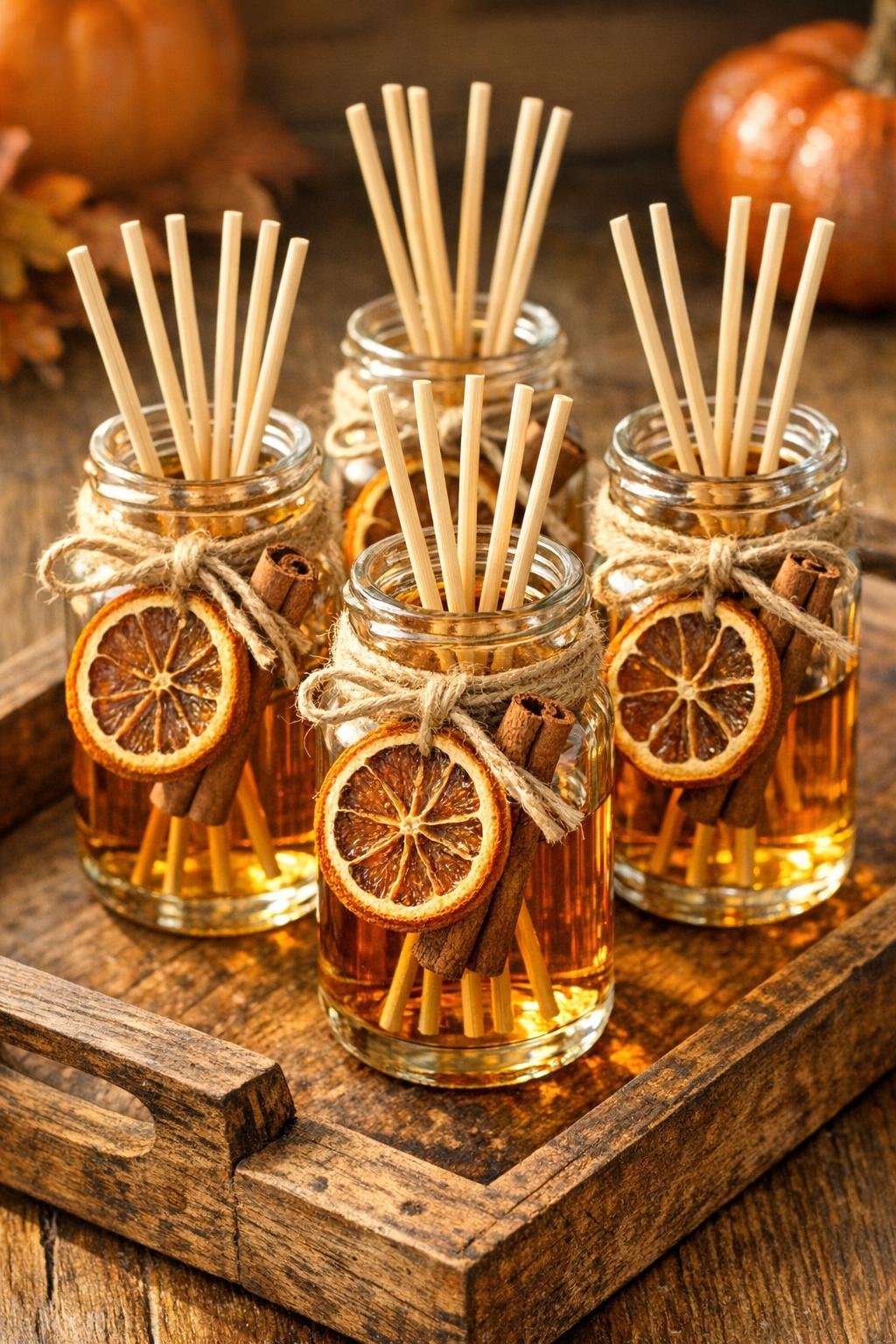 Finished set of four fall reed diffusers made from glass spice jars