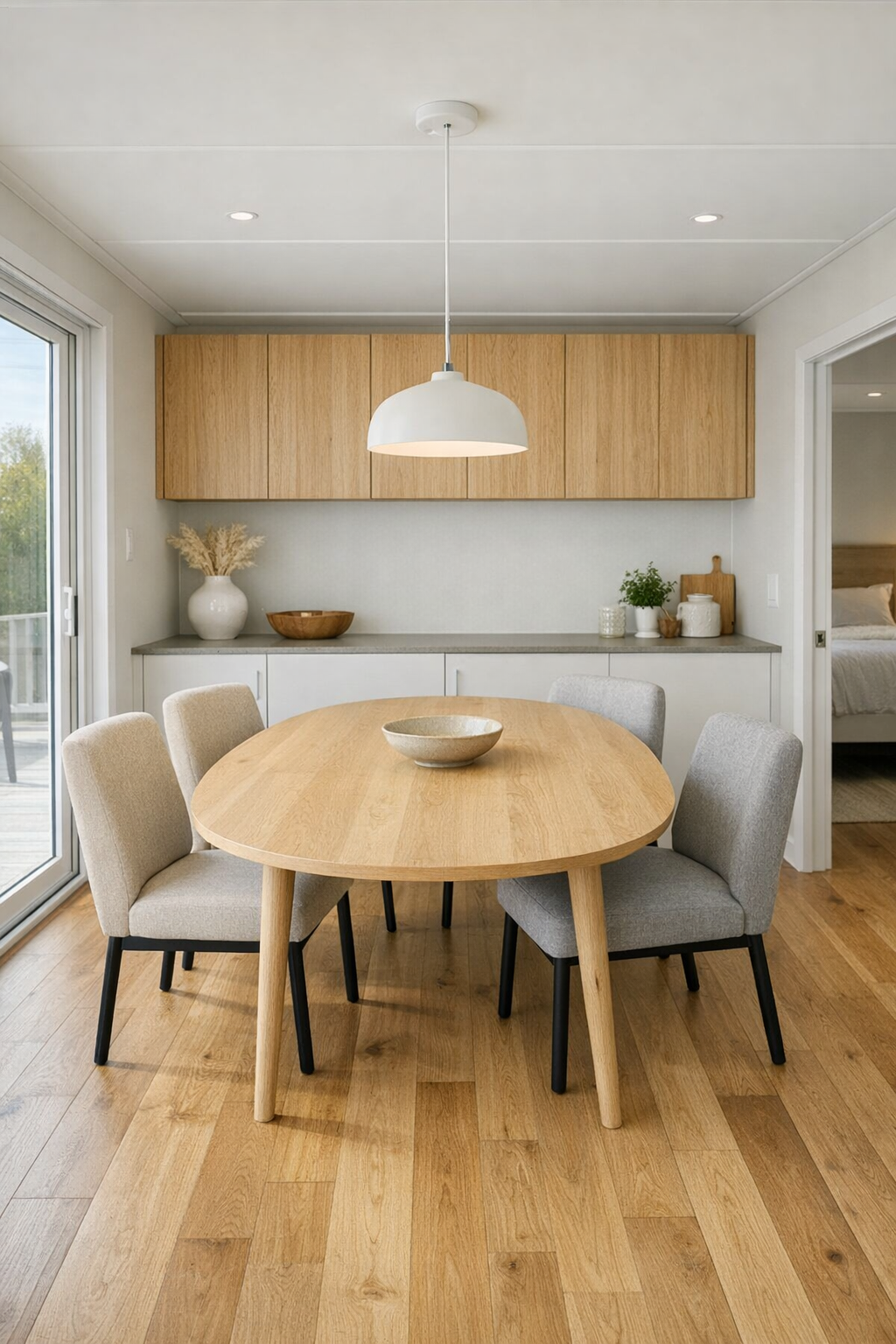 Light-filled modern dining room with an oval wood table, upholstered chairs, and soft neutral finishes