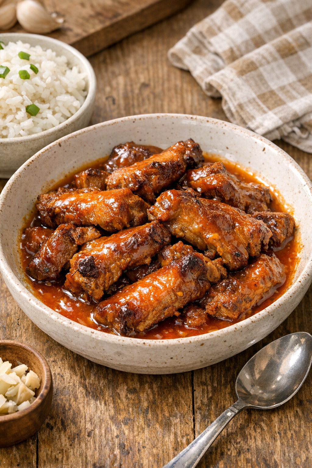 Finished pork rib tips plated with glossy orange sauce
