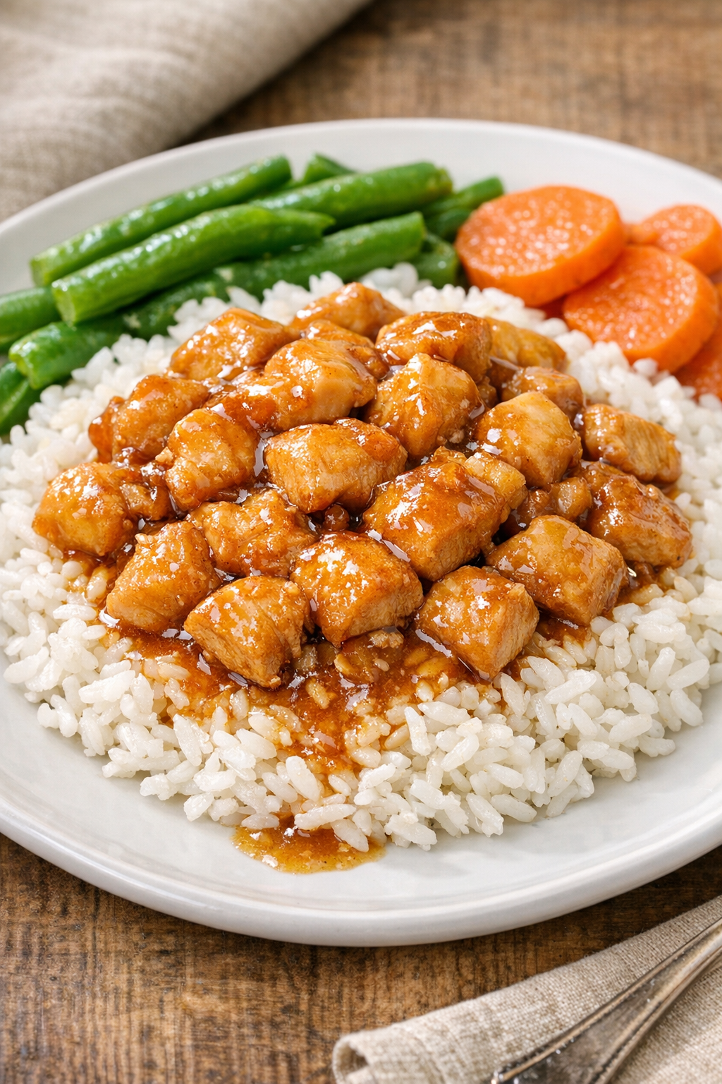 Finished slow cooker August Rush chicken plated over rice