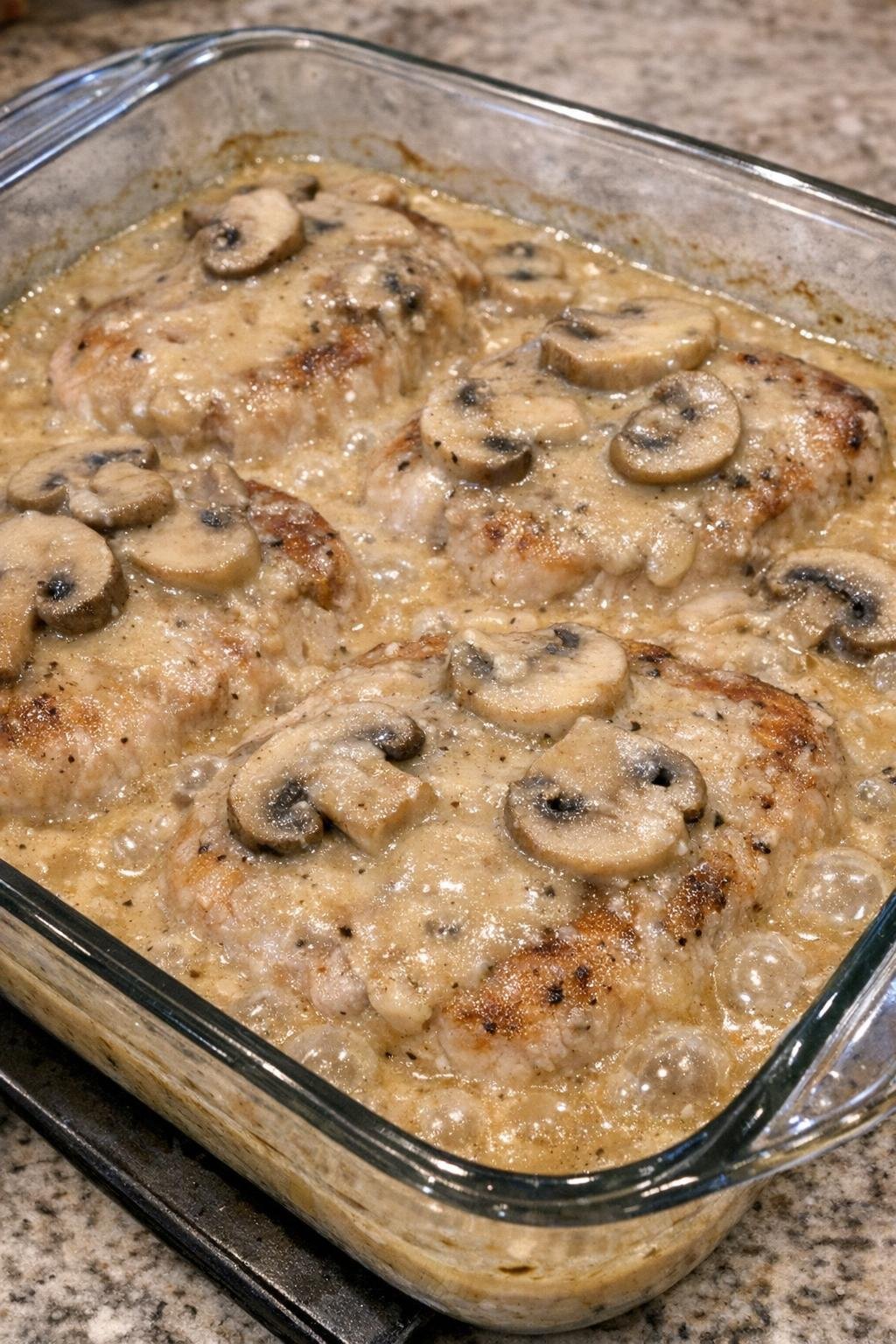 Close-up of smothered mushroom pork chops fresh from the oven