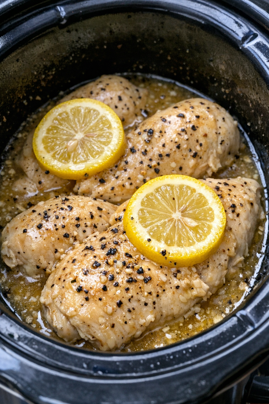 Slow cooker Amish lemon chicken in a black slow cooker