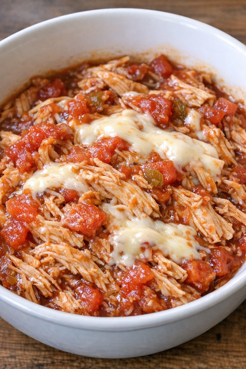 4-ingredient salsa chicken in a white serving bowl
