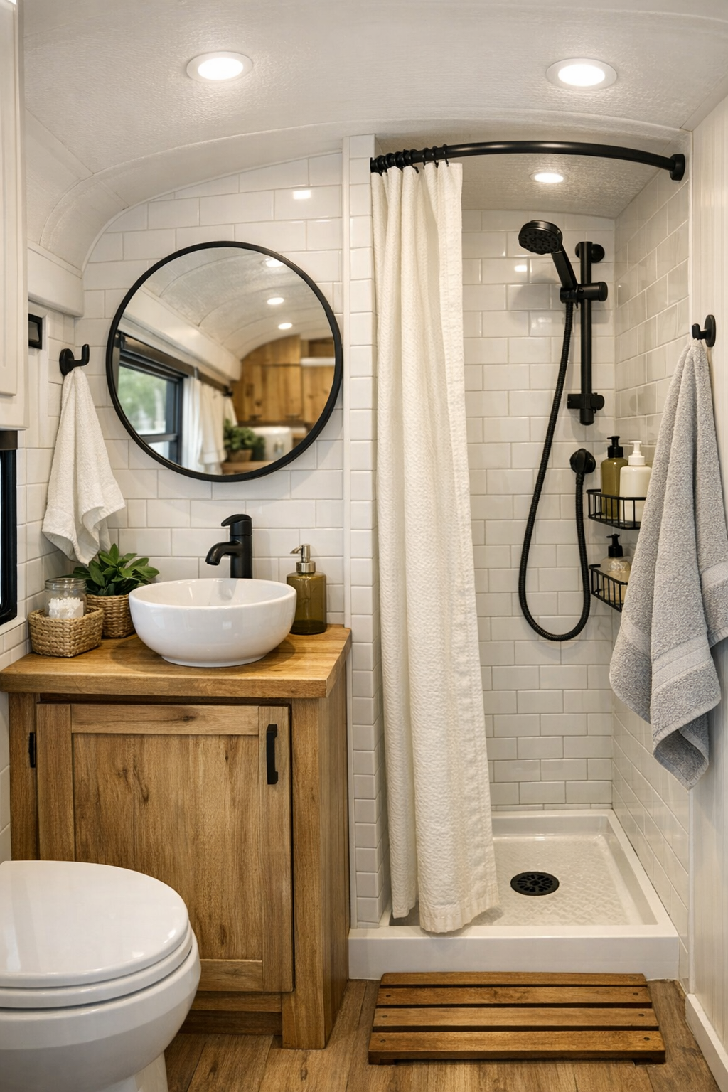 Small but polished bus bathroom with light finishes, wood vanity, and simple tile