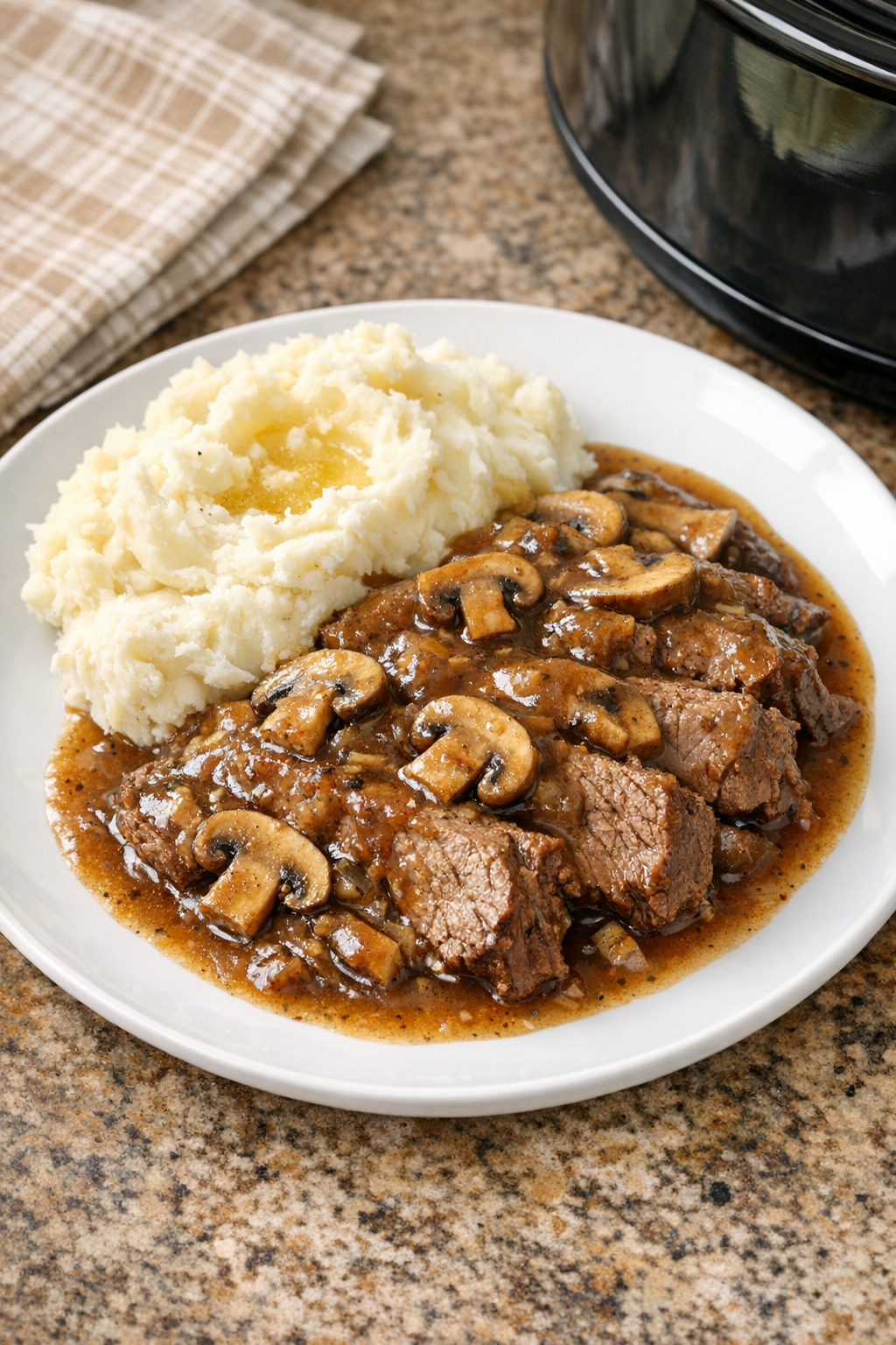 Finished Amish mushroom beef plated with gravy