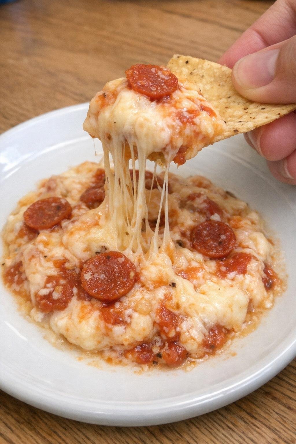 Single serving of slow cooker pizza dip on a white plate