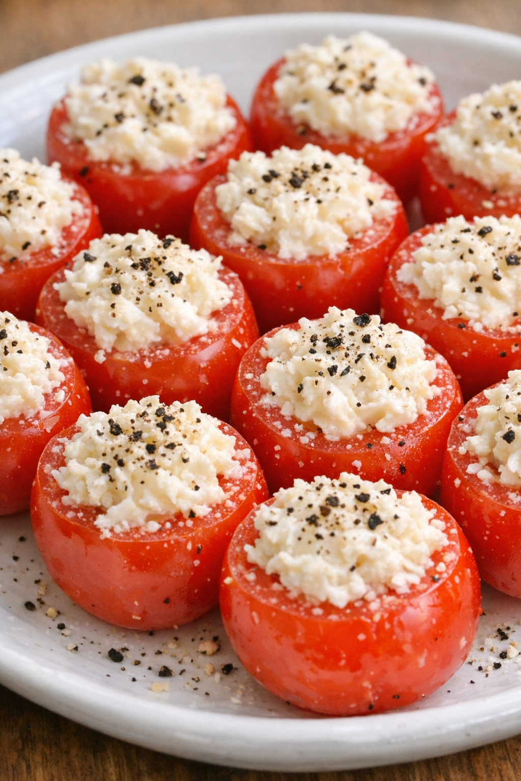Southern 3-ingredient stuffed cherry tomatoes on a white plate