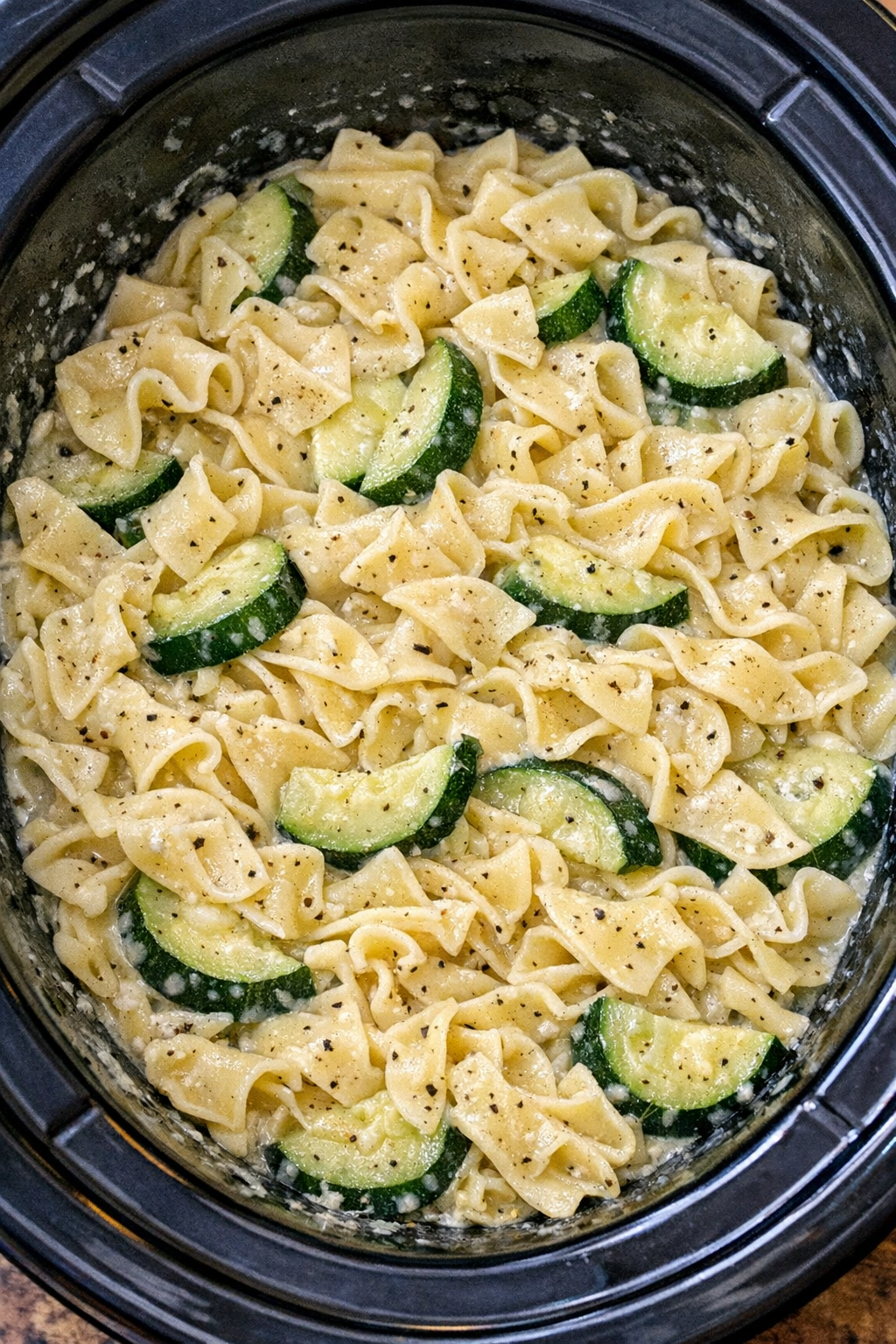 Finished Amish zucchini noodle pot in a black slow cooker