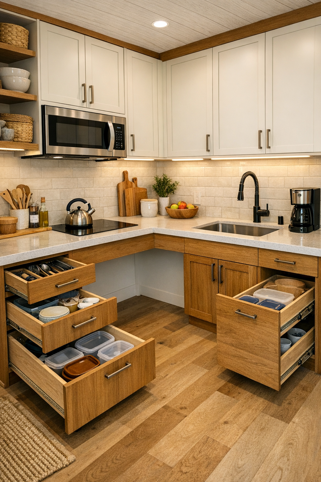 Accessible tiny home kitchen with warm wood cabinetry, quartz counters, and open prep space