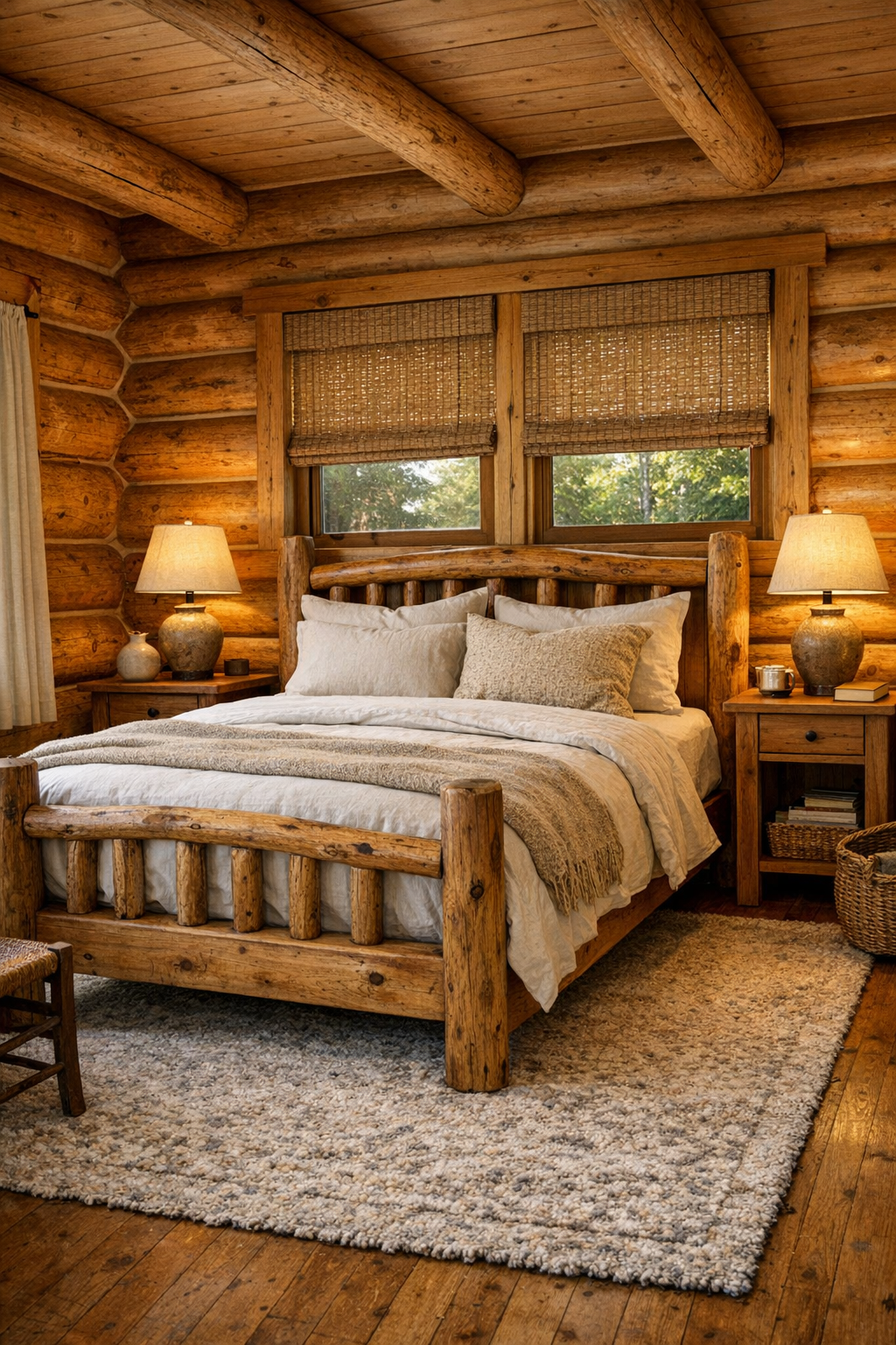 Bedroom with handcrafted wood bed, layered neutral linens, and warm log walls