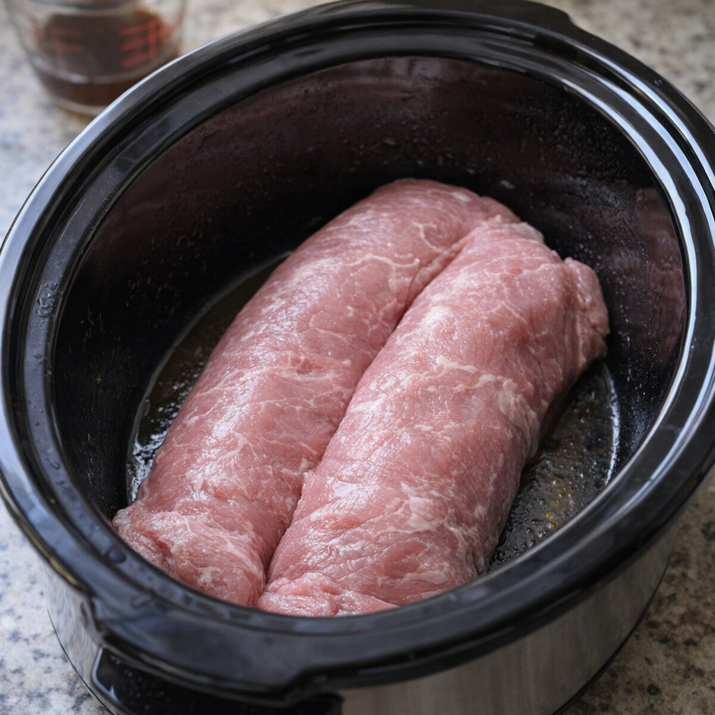 Raw pork tenderloin placed in a slow cooker