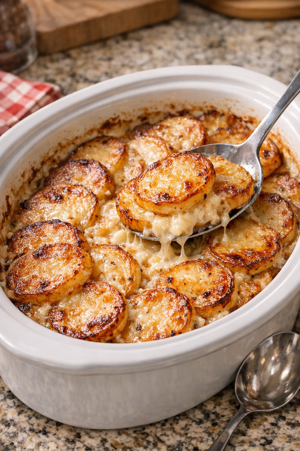 Finished slow cooker crispy coin potato bake