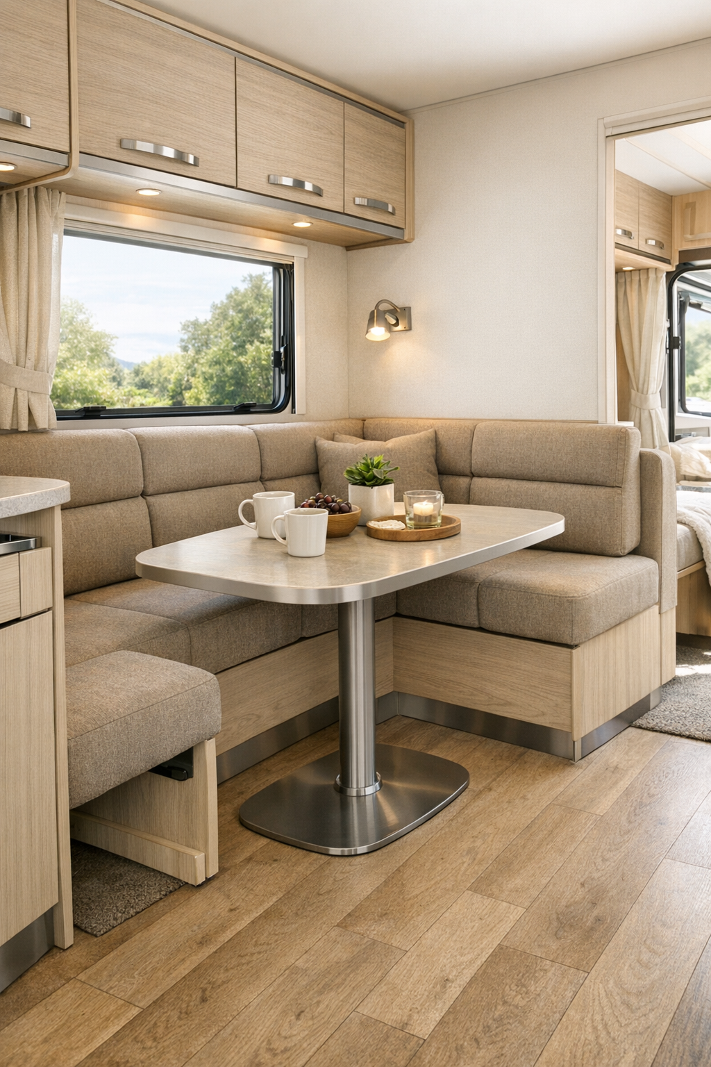 Modern RV dining nook with banquette seating and rounded table