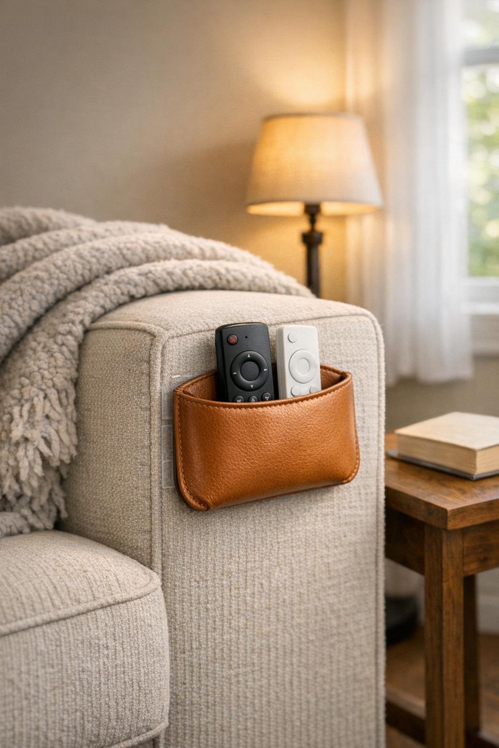 Finished leather remote caddy attached to a couch armrest in a small living room