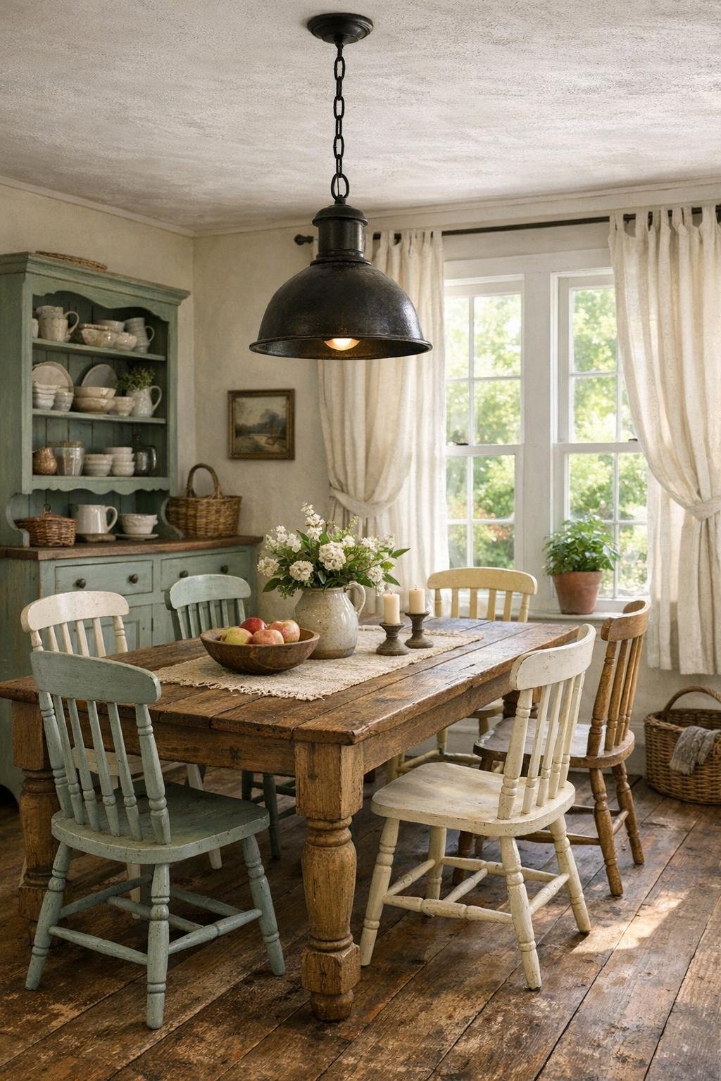 Charming cottage dining room with farmhouse table and mismatched chairs