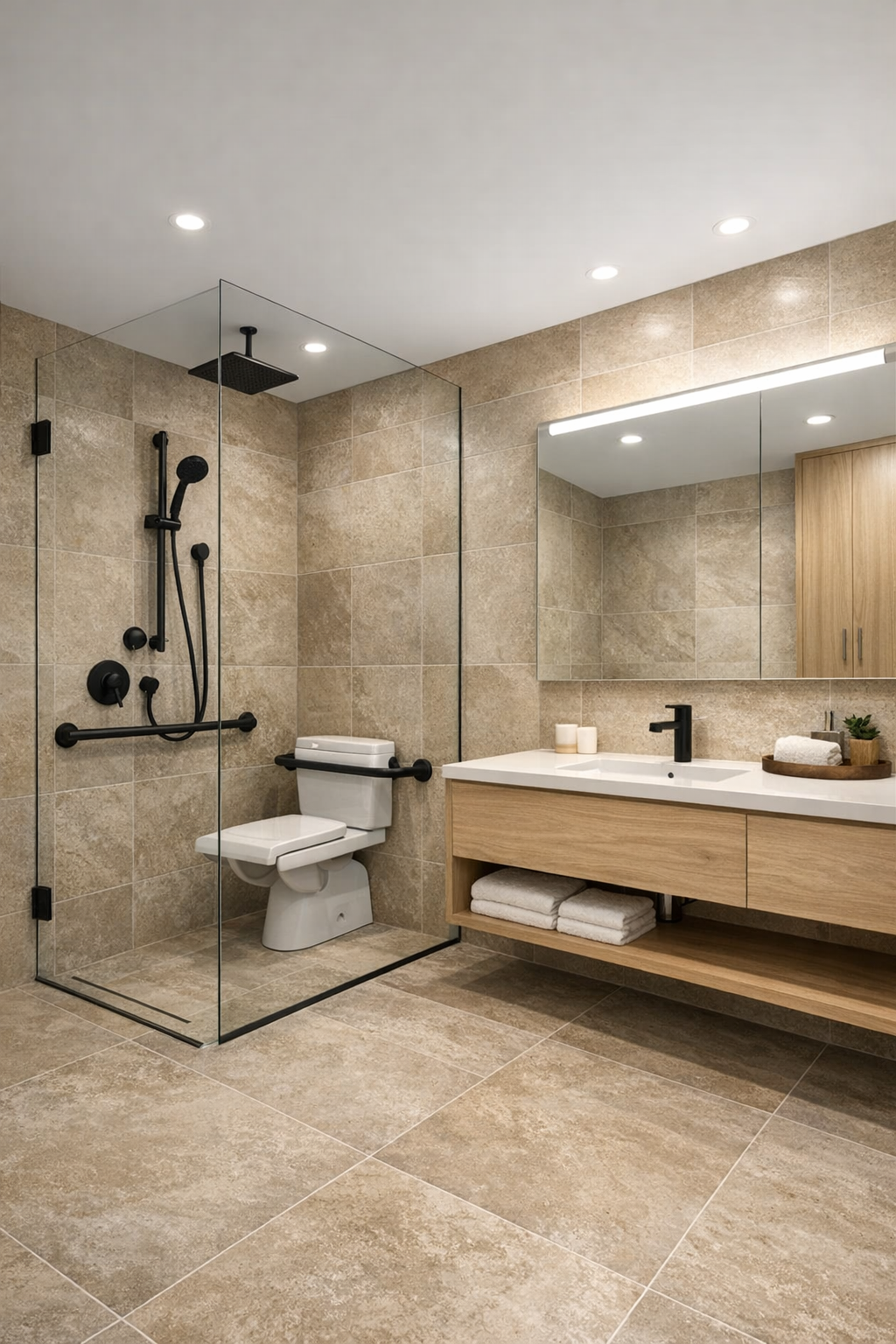 Warm modern bathroom with curbless shower and floating vanity