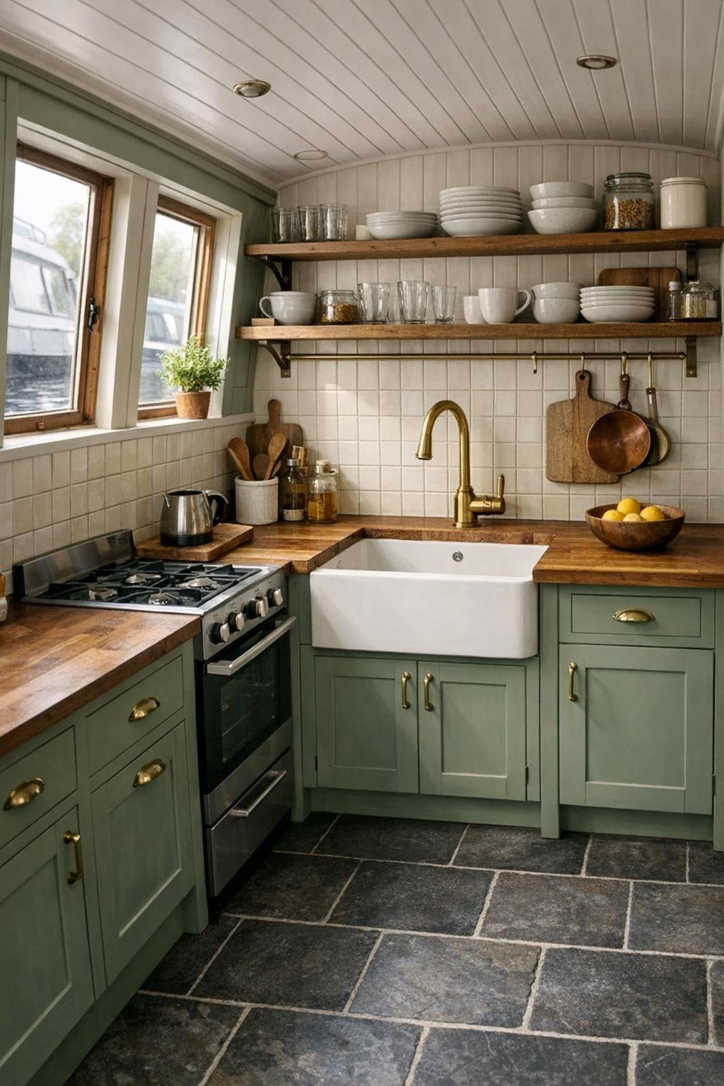 Galley kitchen in sage green with butcher block counters and brass details