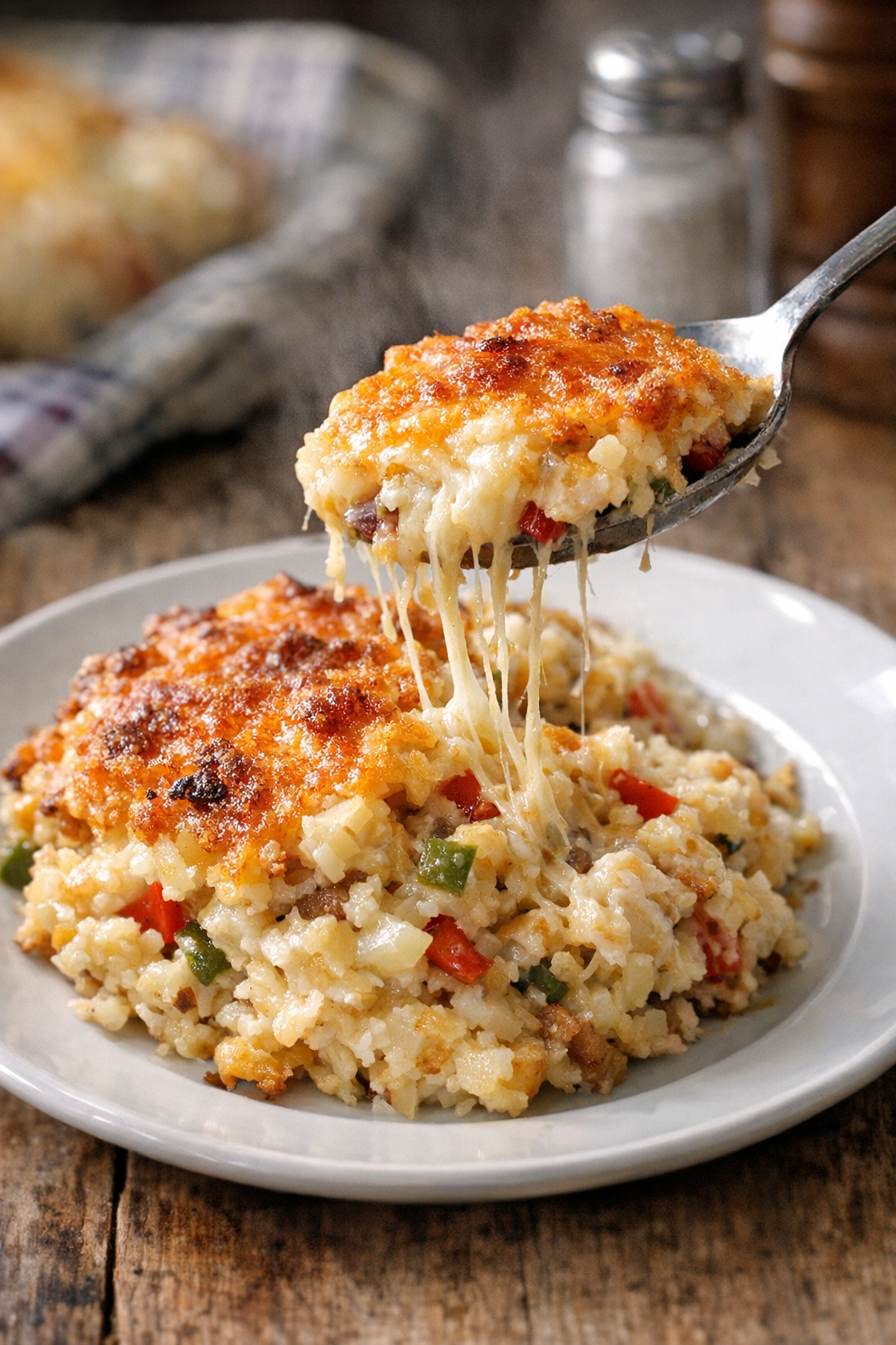 Finished plated cheesy hash brown casserole with crispy golden edges